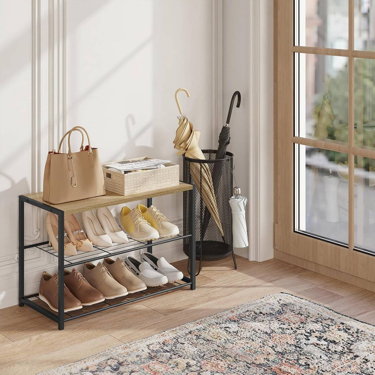 24goodz Shoe Rack with 2 Tiers - Spacious Storage for 6 Pairs - E1-Class Engineered Wood and Iron - Light Oak + Black - 63 x 43 x 30 cm