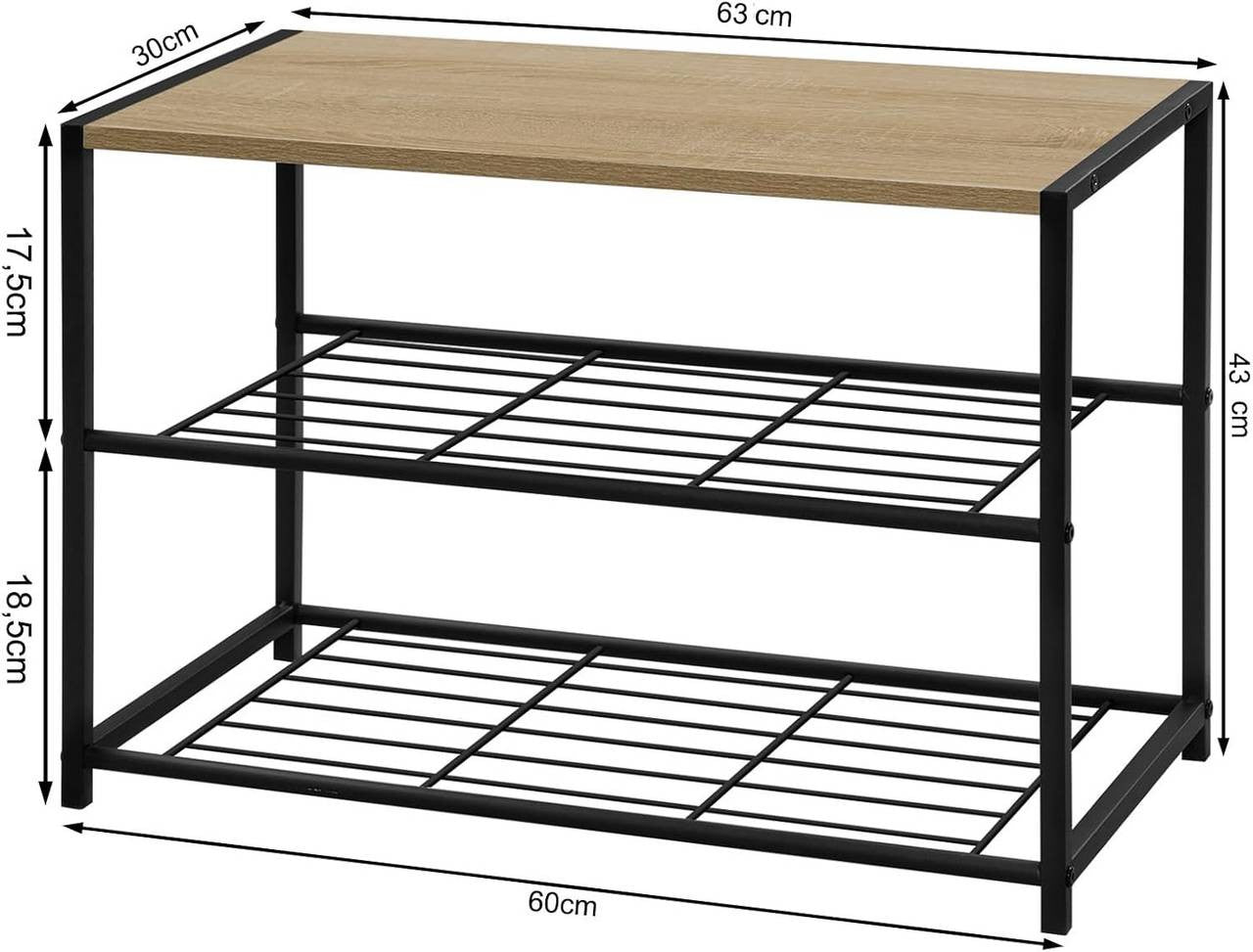 24goodz Shoe Rack with 2 Tiers - Spacious Storage for 6 Pairs - E1-Class Engineered Wood and Iron - Light Oak + Black - 63 x 43 x 30 cm