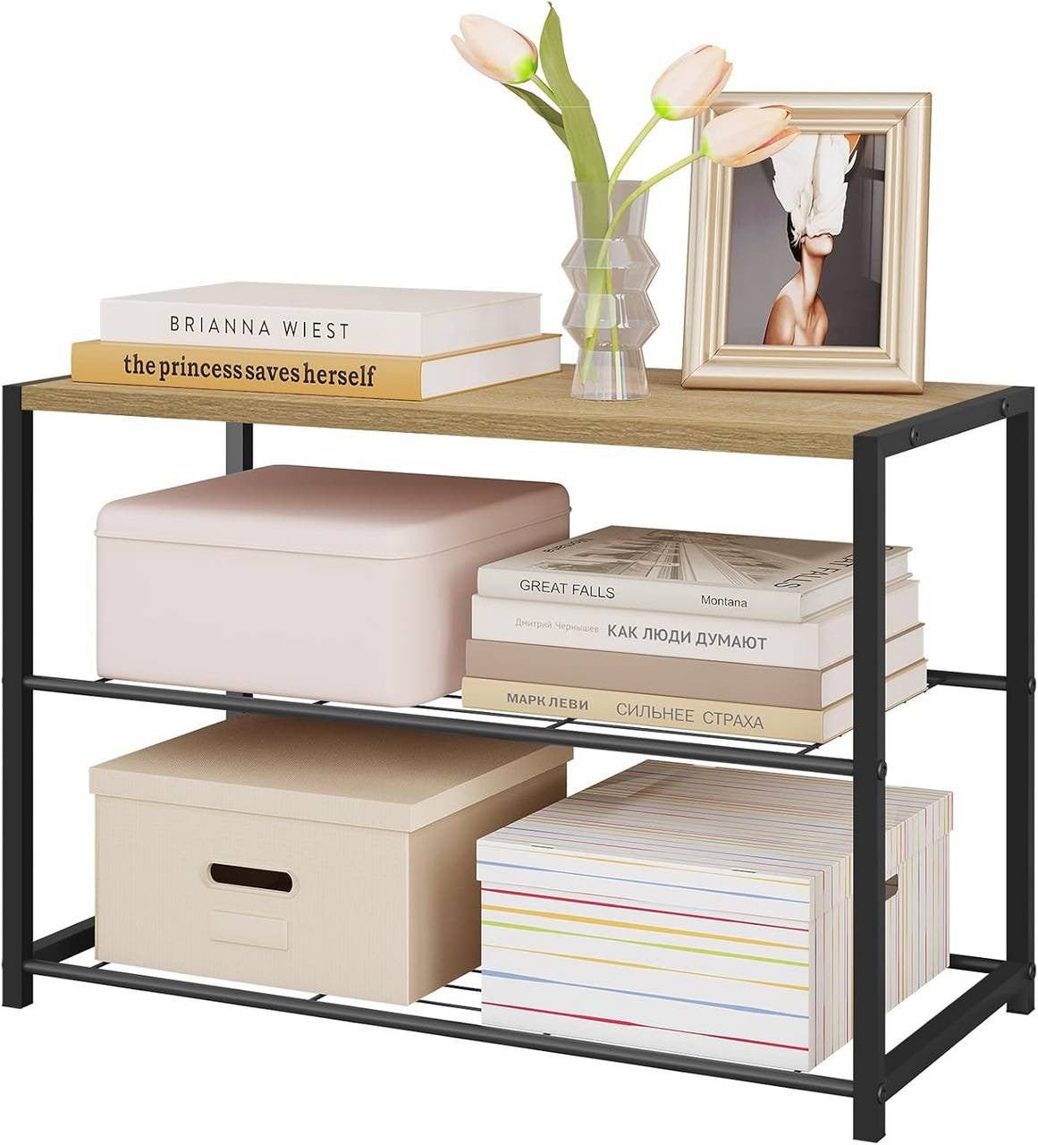 24goodz Shoe Rack with 2 Tiers - Spacious Storage for 6 Pairs - E1-Class Engineered Wood and Iron - Light Oak + Black - 63 x 43 x 30 cm