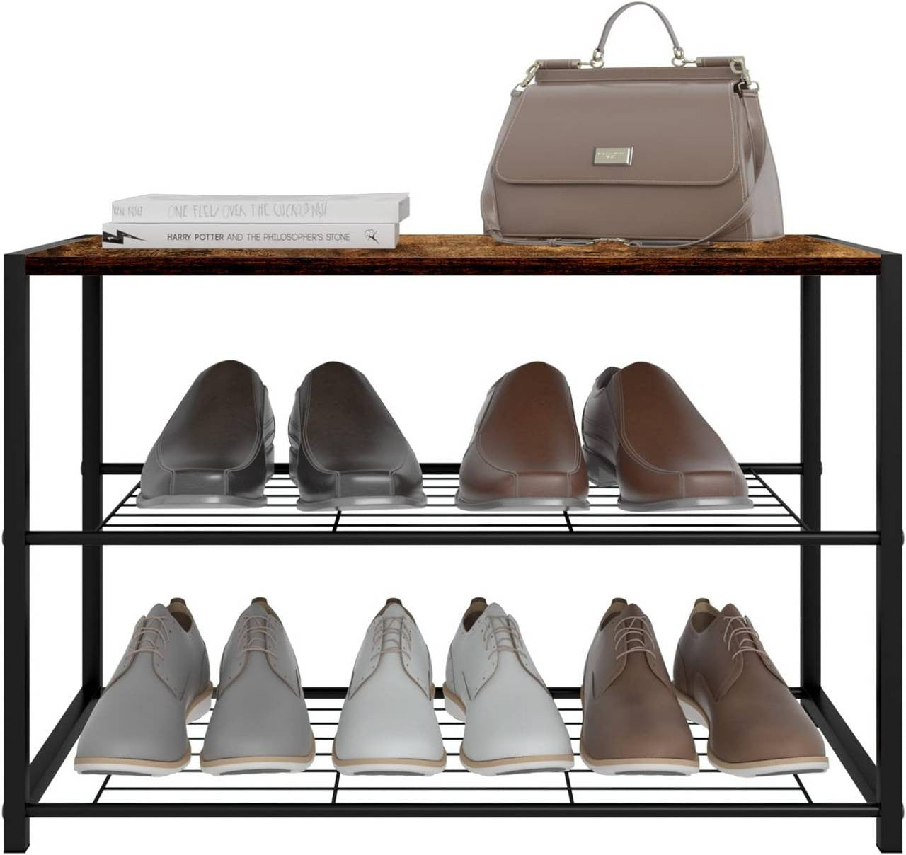 24goodz Shoe Rack with 2 Tiers - Spacious Storage for 6 Pairs - E1-Class Engineered Wood - For Home Organization - Dark Wood Look - dc