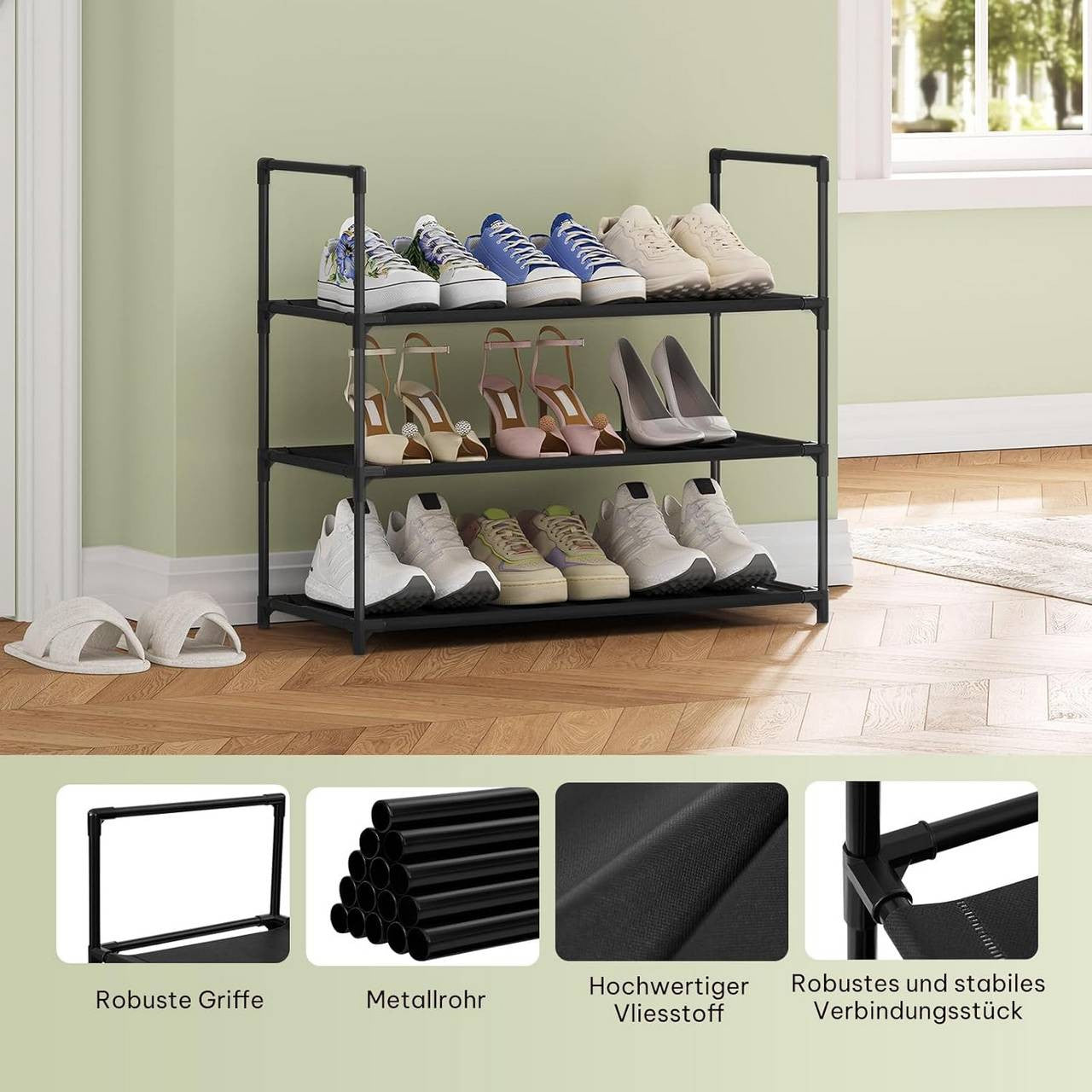 24goodz Slim Shoe Rack - Space-Saving Design - Easy Assembly - Metal Frame - Black - 61x28x55 cm