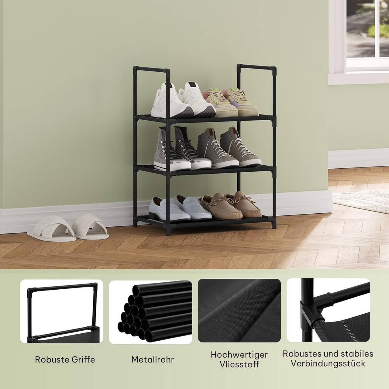 24goodz Shoe Rack with 3 Shelves - Space-Saving Design - Sturdy Metal Frame - Black - 41x28x55 cm