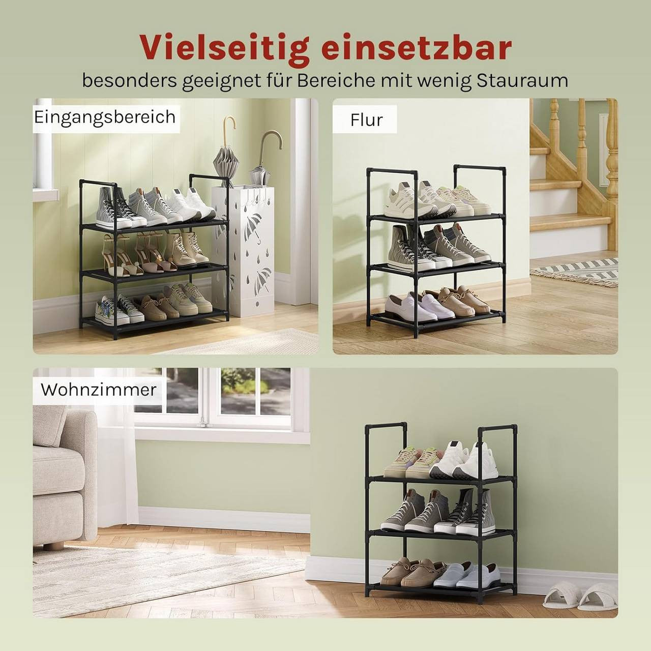 24goodz Shoe Rack with 3 Shelves - Space-Saving Design - Sturdy Metal Frame - Black - 41x28x55 cm