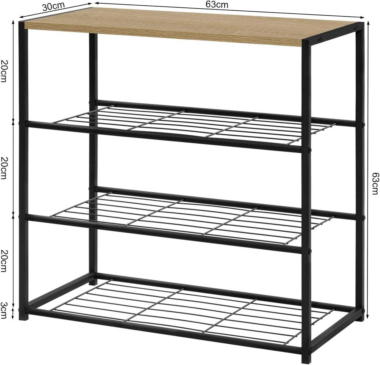 24goodz Shoe Rack with 3 Tiers - Spacious Storage for 9 Pairs - E1-Class Wood and Iron - Black + Light Oak - 63x63x30 cm