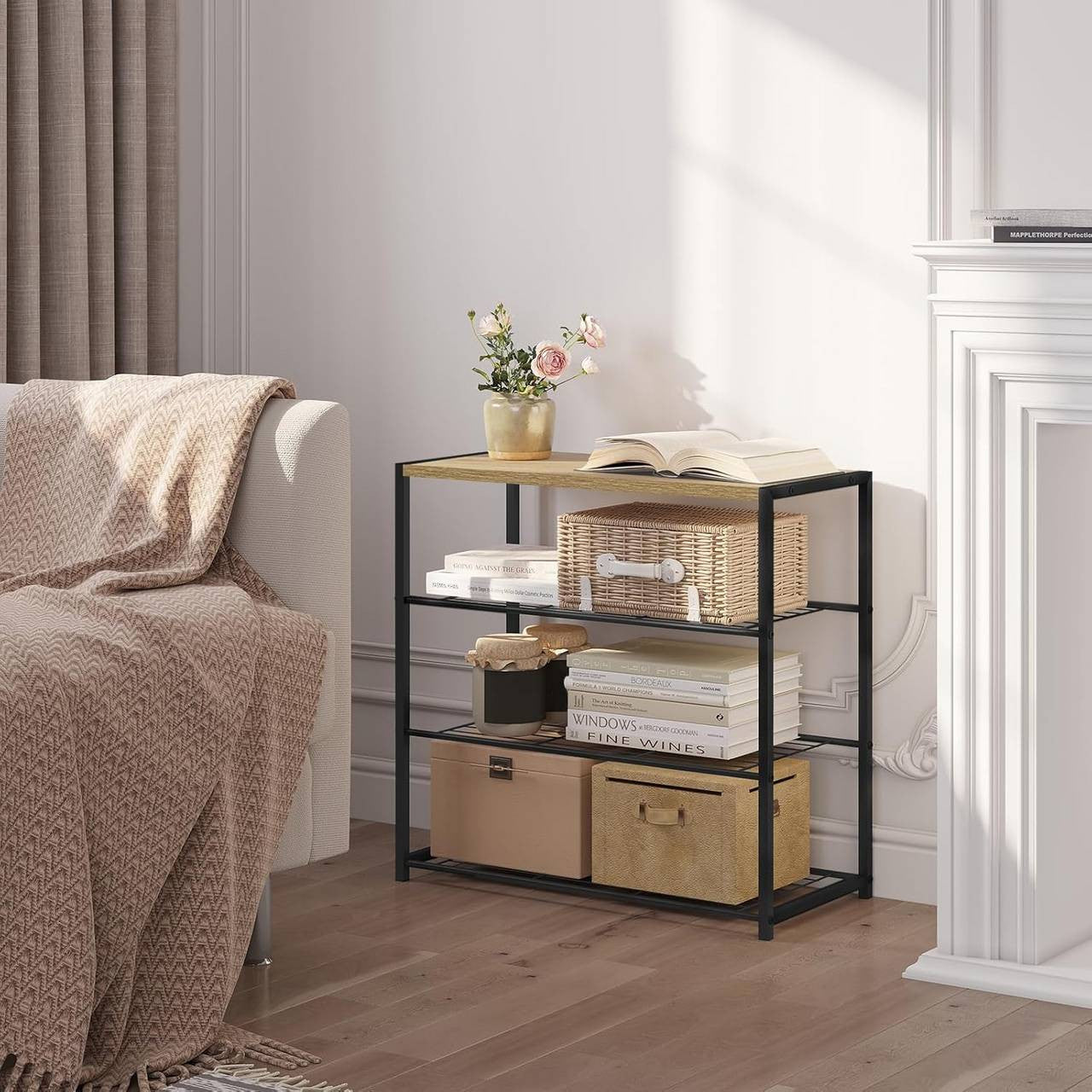 24goodz Shoe Rack with 3 Tiers - Spacious Storage for 9 Pairs - E1-Class Wood and Iron - Black + Light Oak - 63x63x30 cm