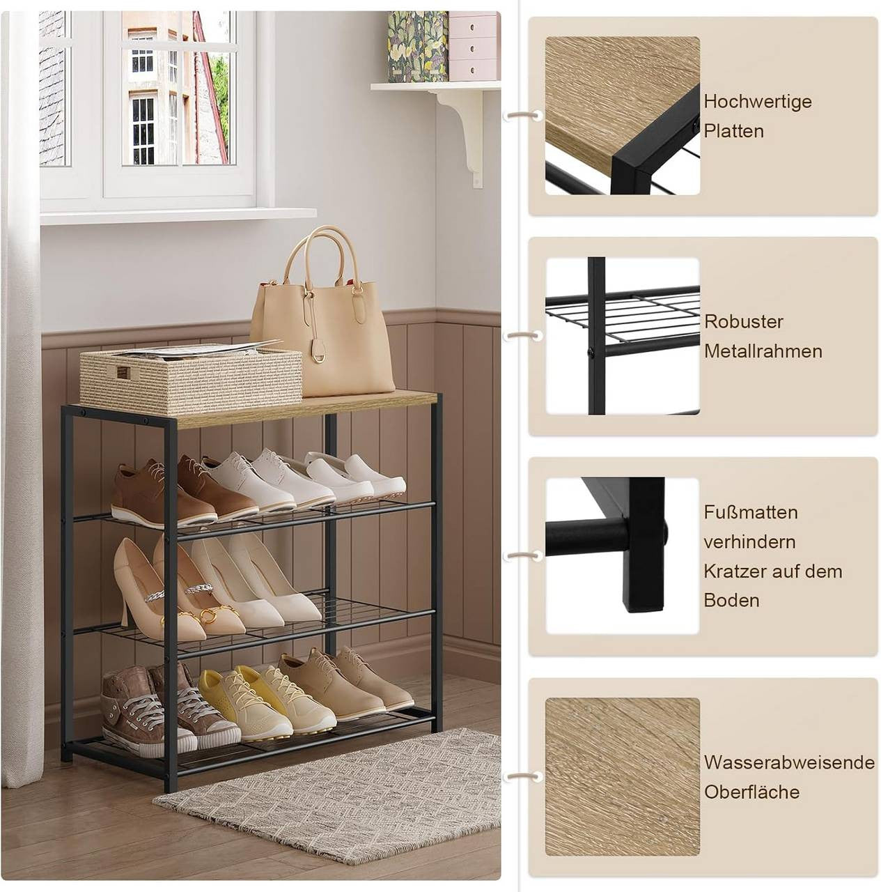 24goodz Shoe Rack with 3 Tiers - Spacious Storage for 9 Pairs - E1-Class Wood and Iron - Black + Light Oak - 63x63x30 cm