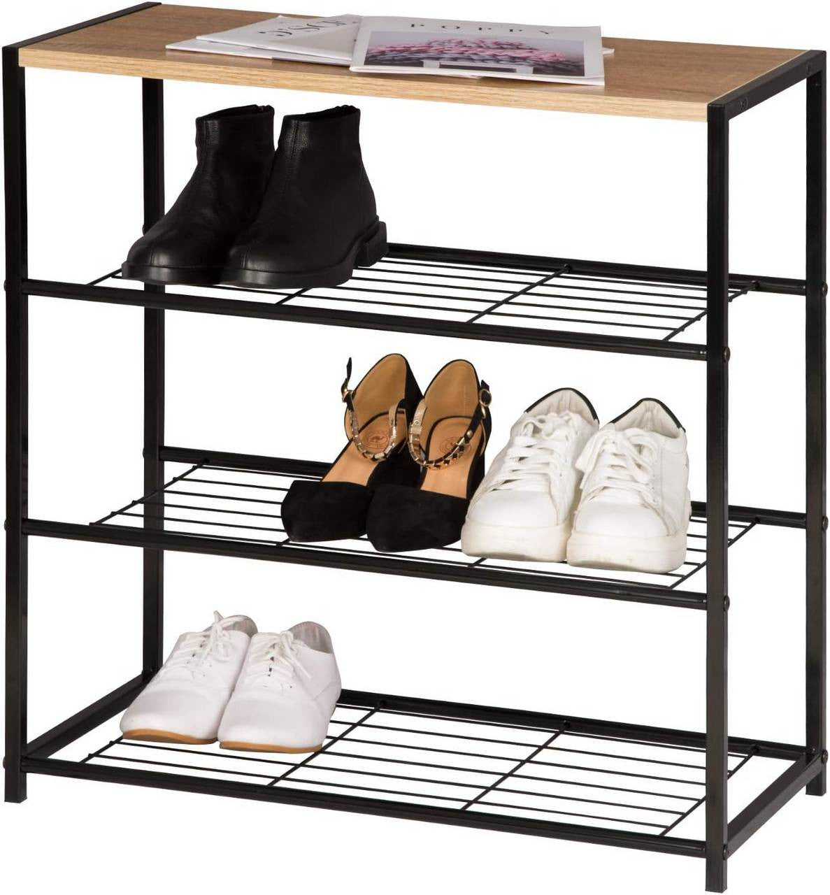 24goodz Shoe Rack with 3 Tiers - Spacious Storage for 9 Pairs - E1-Class Wood and Iron - Black + Light Oak - 63x63x30 cm