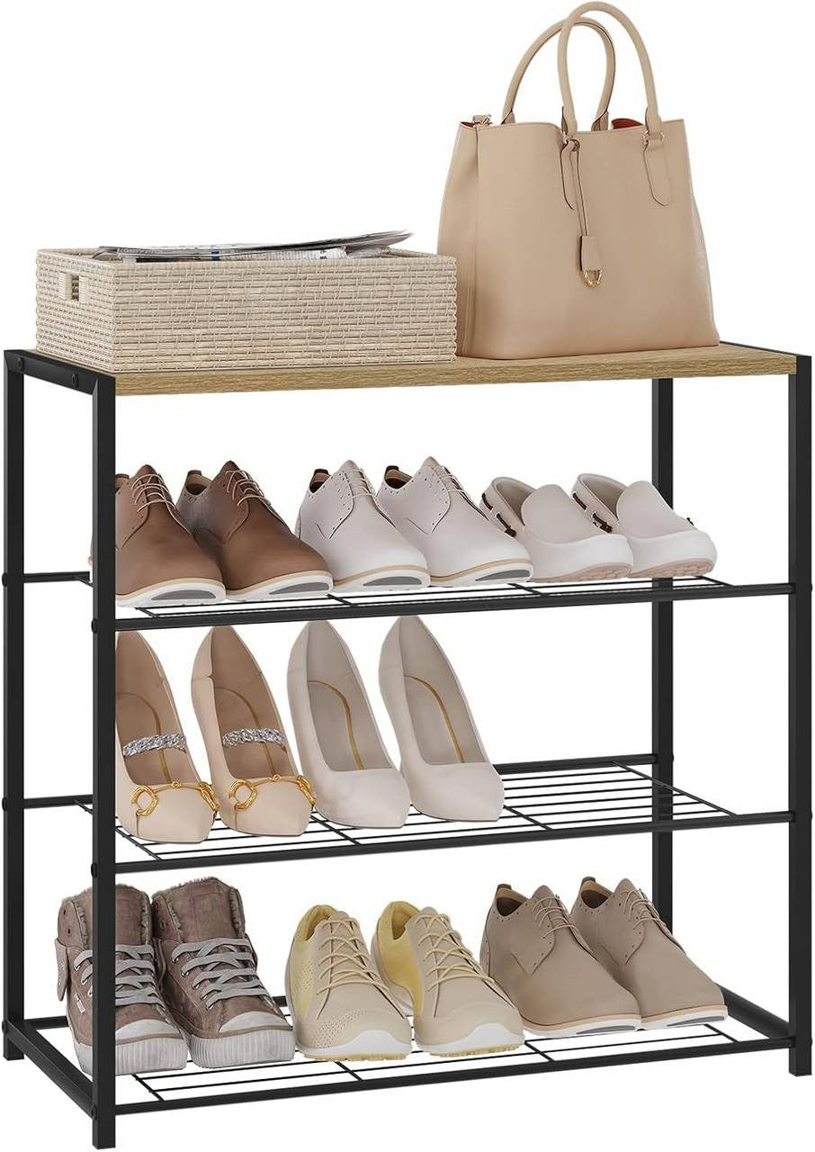 24goodz Shoe Rack with 3 Tiers - Spacious Storage for 9 Pairs - E1-Class Wood and Iron - Black + Light Oak - 63x63x30 cm