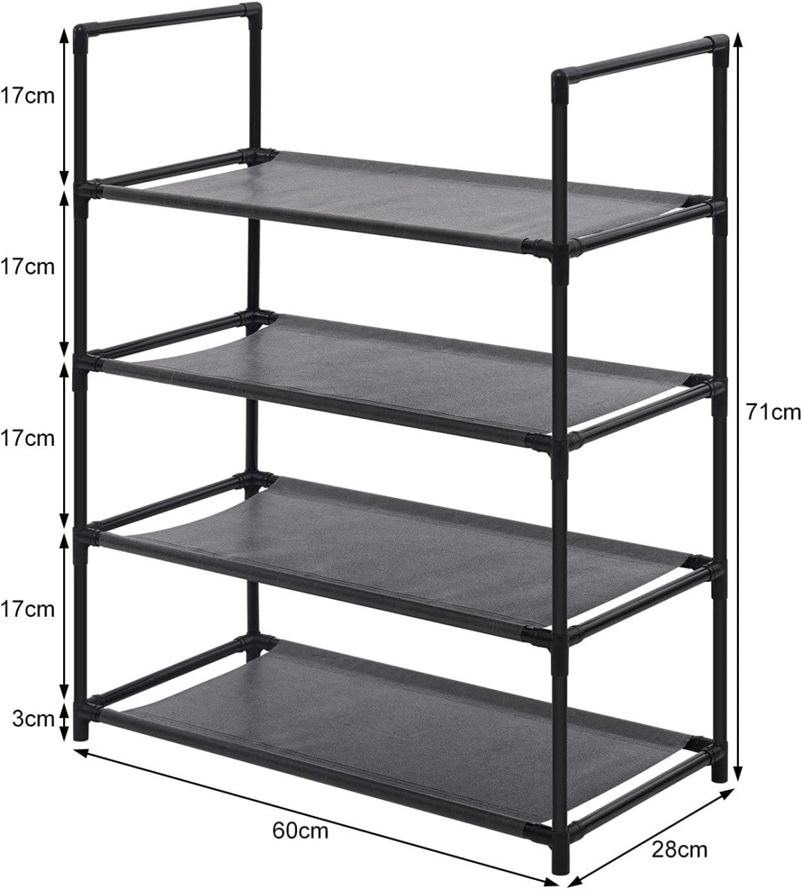 24goodz Shoe Rack with 4 Shelves - High-Quality Materials - Space-Saving Design - Steel and PP - Black - 60 x 28 x 71 cm