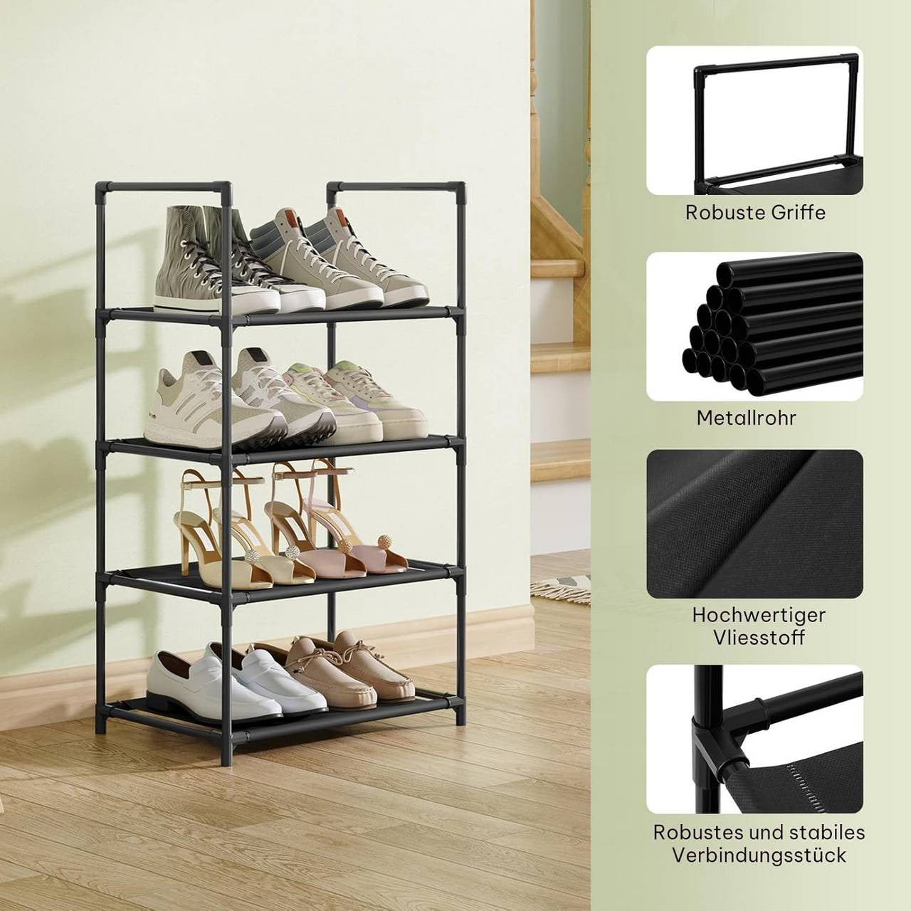 24goodz Shoe Rack with 4 Shelves - Space-Saving Design - Robust Metal Frame - Black - 41x28x72 cm