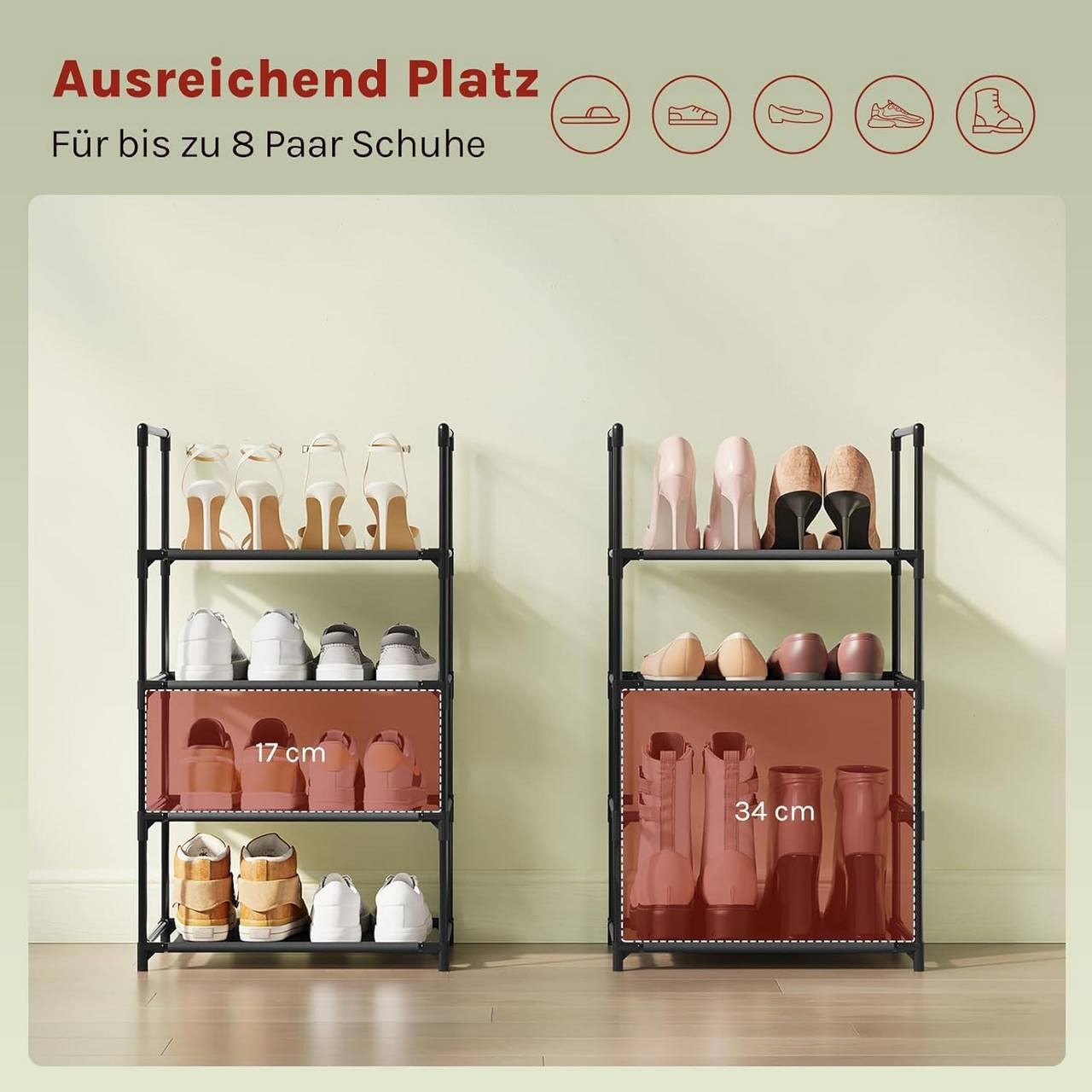 24goodz Shoe Rack with 4 Shelves - Space-Saving Design - Robust Metal Frame - Black - 41x28x72 cm