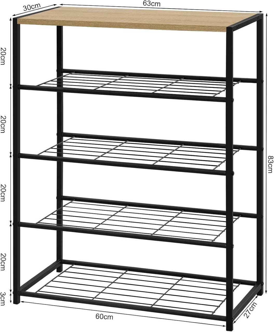24goodz Shoe Rack with 4 Shelves - Spacious Storage for 12 Pairs - E1-Class Engineered Wood and Iron - Black and Light Oak - 63x83x30 cm