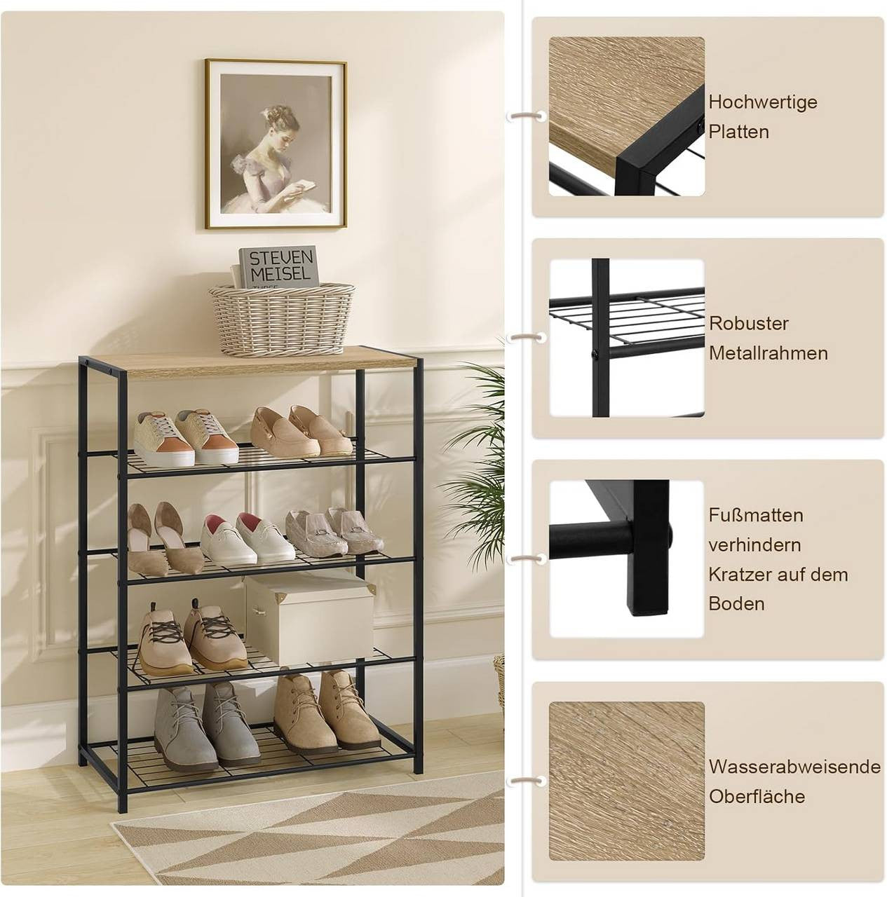 24goodz Shoe Rack with 4 Shelves - Spacious Storage for 12 Pairs - E1-Class Engineered Wood and Iron - Black and Light Oak - 63x83x30 cm