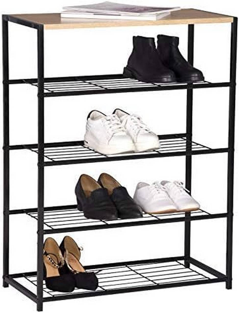 24goodz Shoe Rack with 4 Shelves - Spacious Storage for 12 Pairs - E1-Class Engineered Wood and Iron - Black and Light Oak - 63x83x30 cm