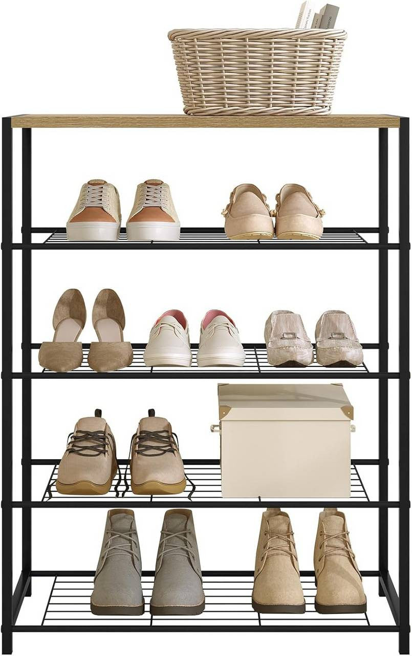 24goodz Shoe Rack with 4 Shelves - Spacious Storage for 12 Pairs - E1-Class Engineered Wood and Iron - Black and Light Oak - 63x83x30 cm