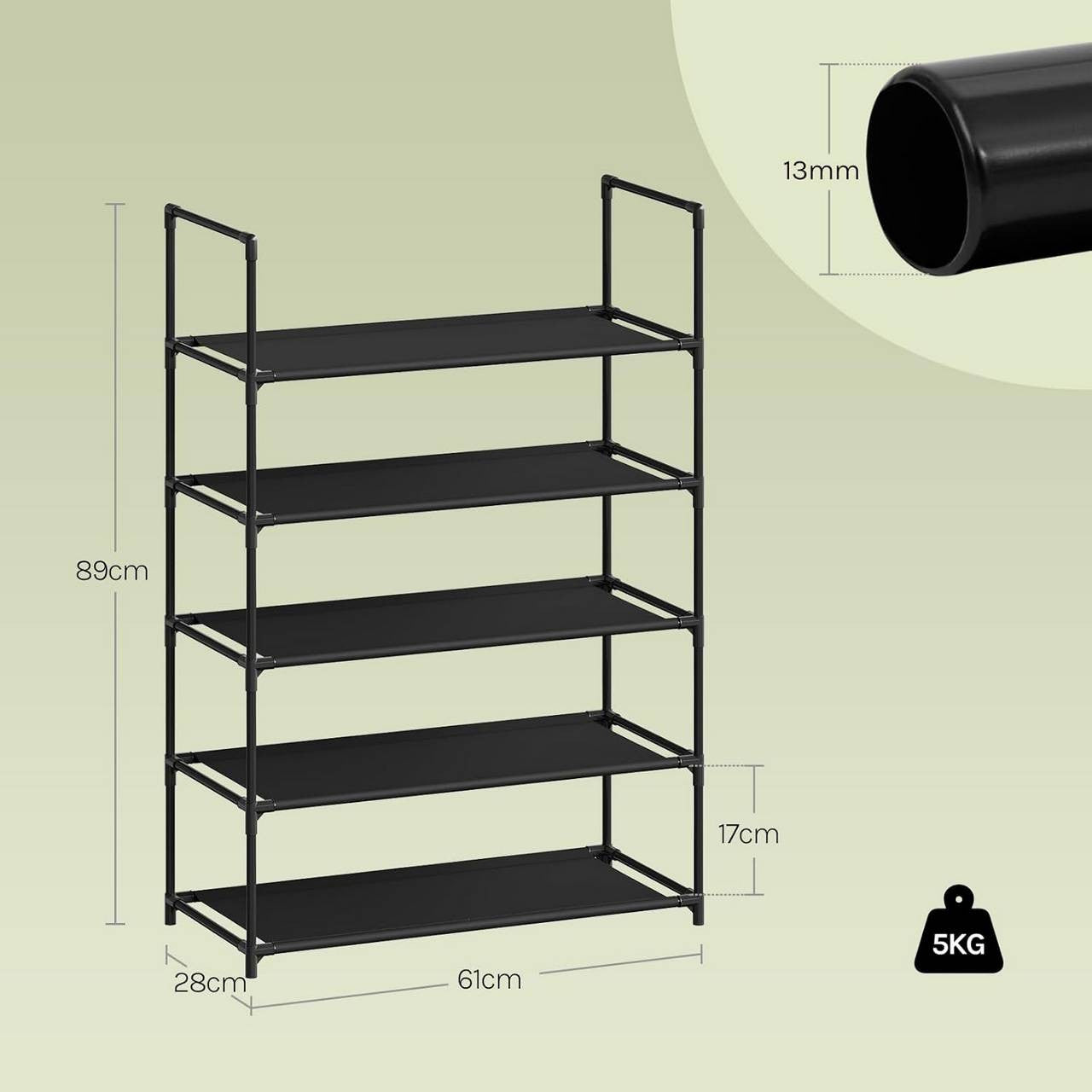 24goodz Shoe Rack with 5 Shelves - Space-Saving Design - Sturdy Metal Frame - Black - 61x28x89 cm
