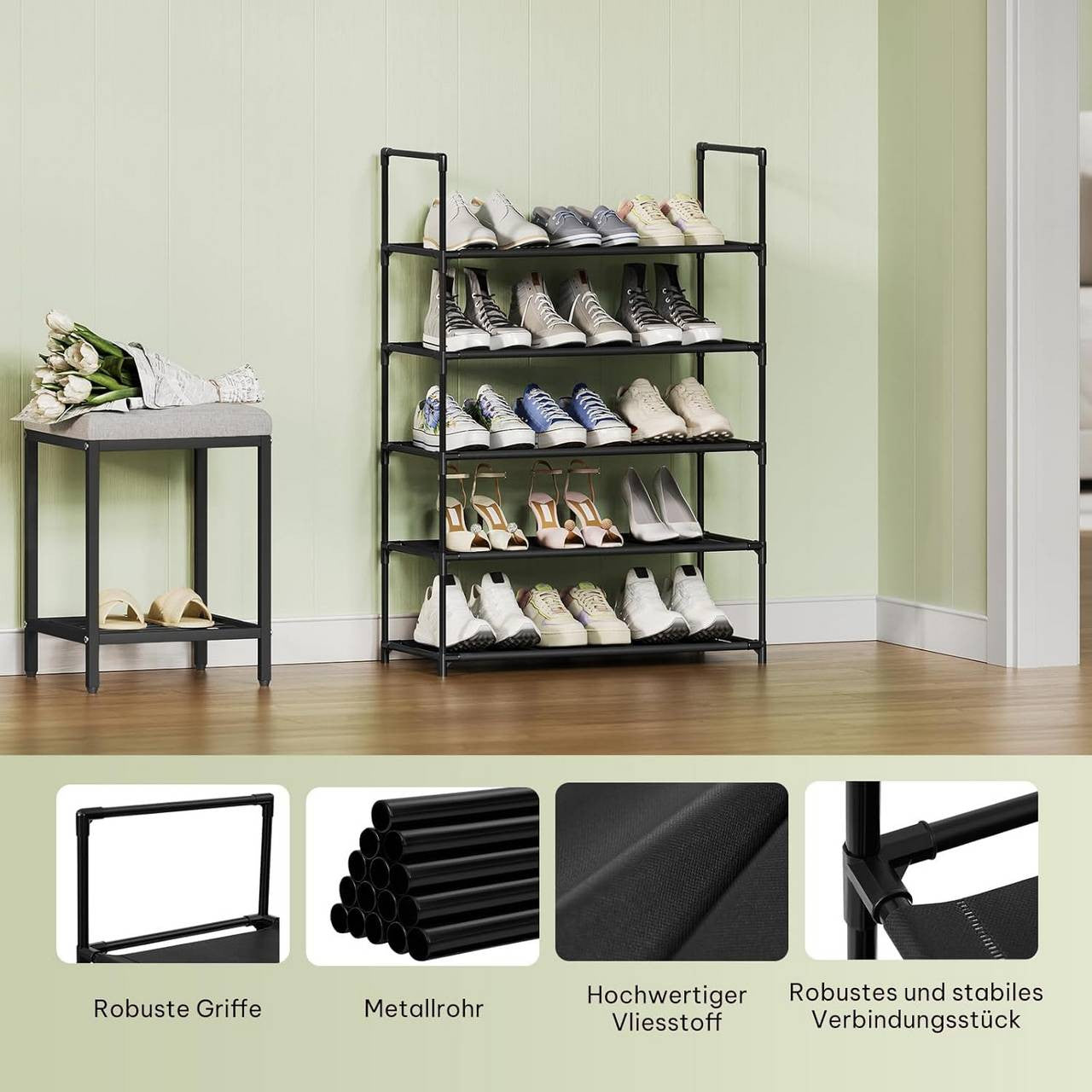 24goodz Shoe Rack with 5 Shelves - Space-Saving Design - Sturdy Metal Frame - Black - 61x28x89 cm