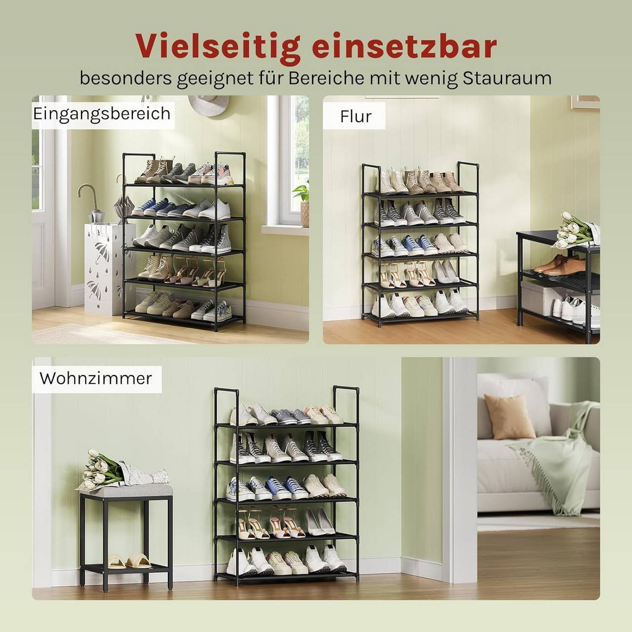 24goodz Shoe Rack with 5 Shelves - Space-Saving Design - Sturdy Metal Frame - Black - 61x28x89 cm