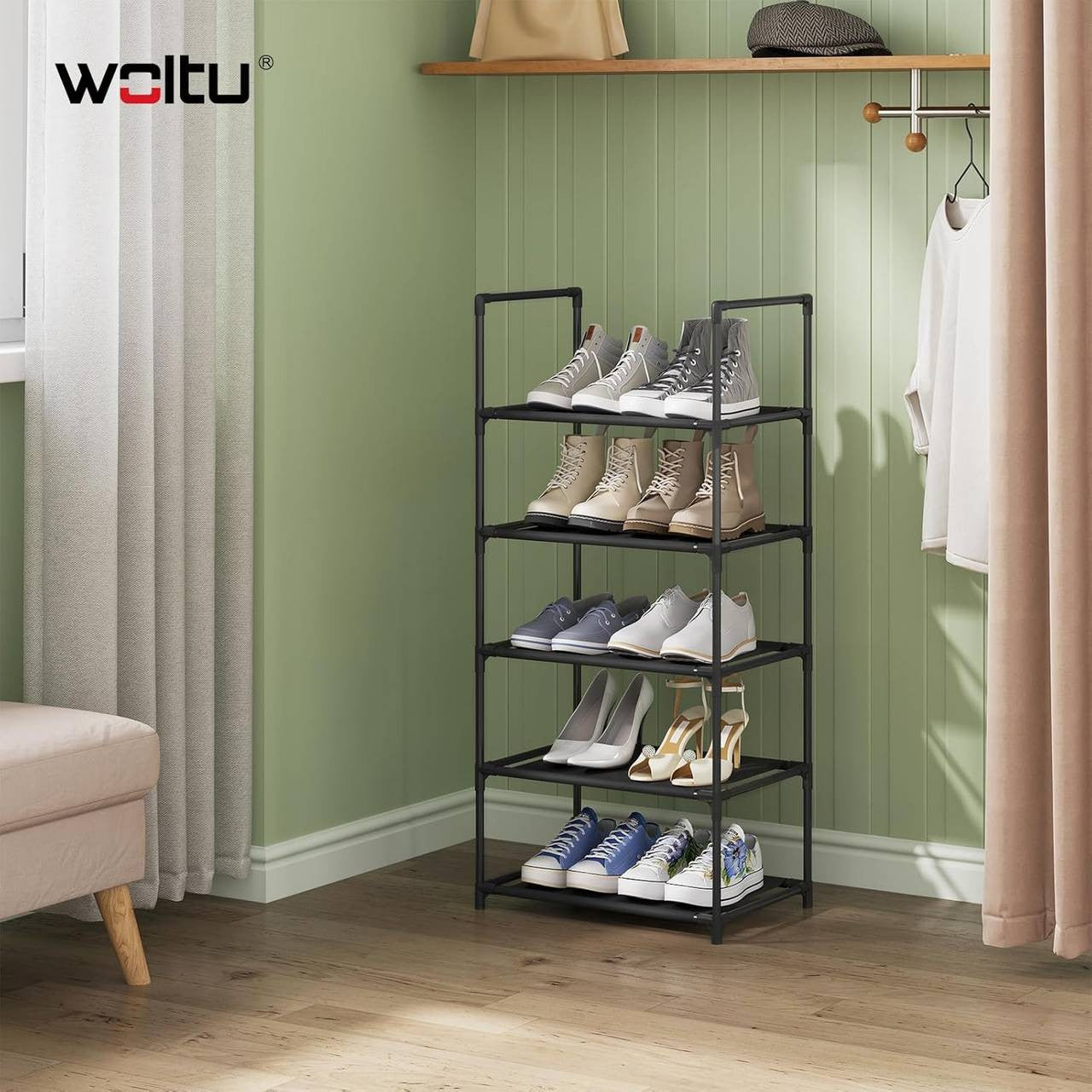 24goodz Shoe Rack with 5 Shelves - Space-Saving Design - Sturdy Metal Frame - Black - 41x28x89 cm