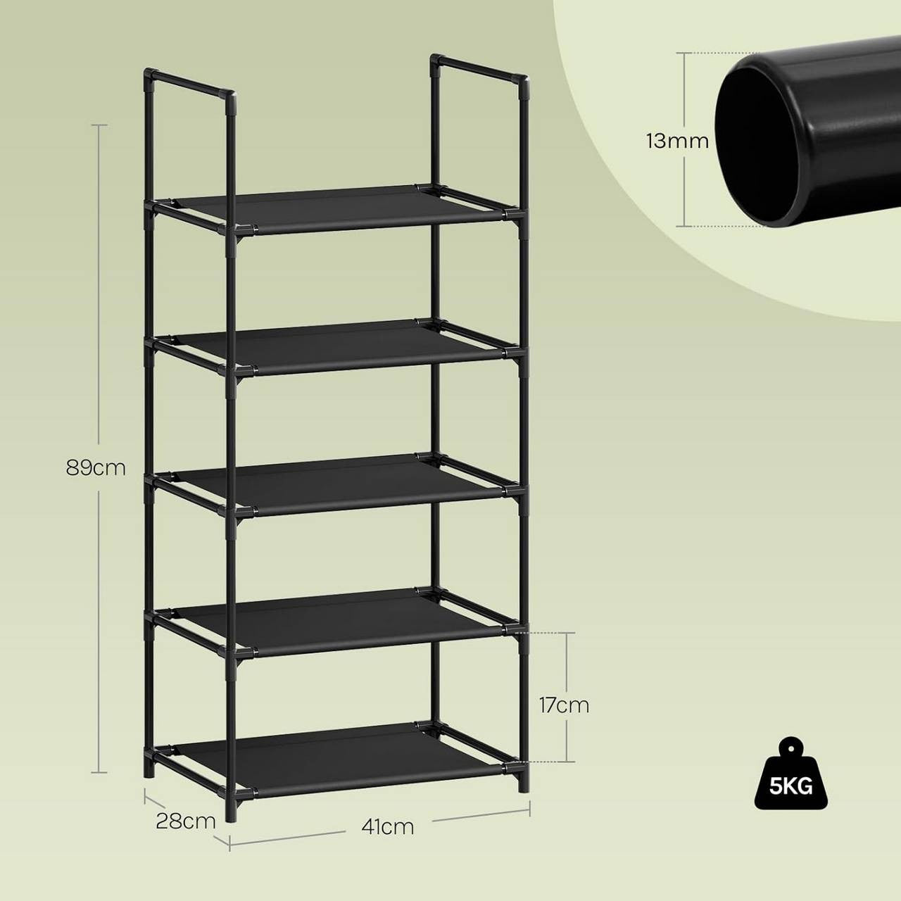 24goodz Shoe Rack with 5 Shelves - Space-Saving Design - Sturdy Metal Frame - Black - 41x28x89 cm