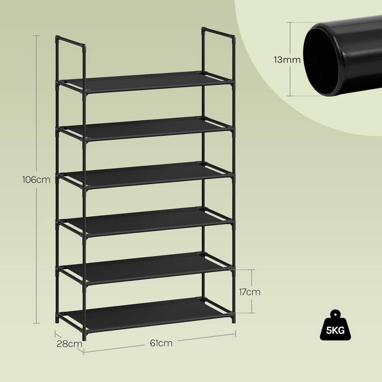 24goodz Shoe Rack with 6 Shelves - Space-Saving Design - Sturdy Metal Frame - Black - 61x28x106 cm
