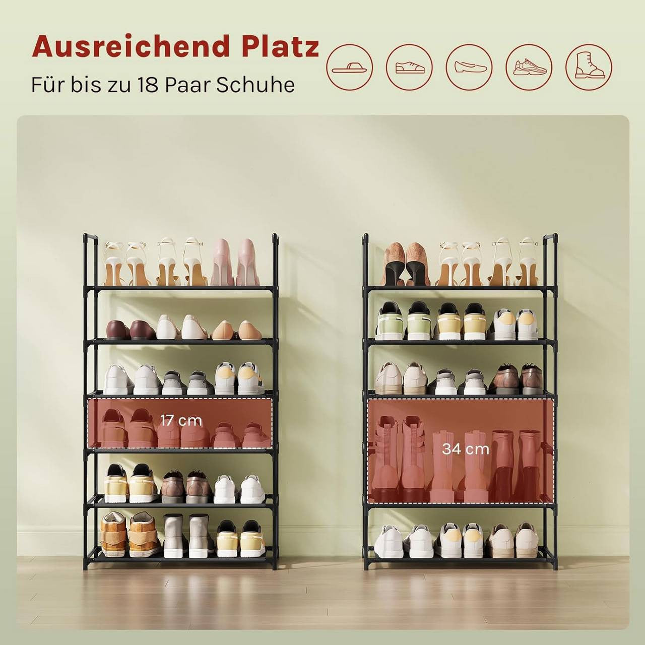 24goodz Shoe Rack with 6 Shelves - Space-Saving Design - Sturdy Metal Frame - Black - 61x28x106 cm