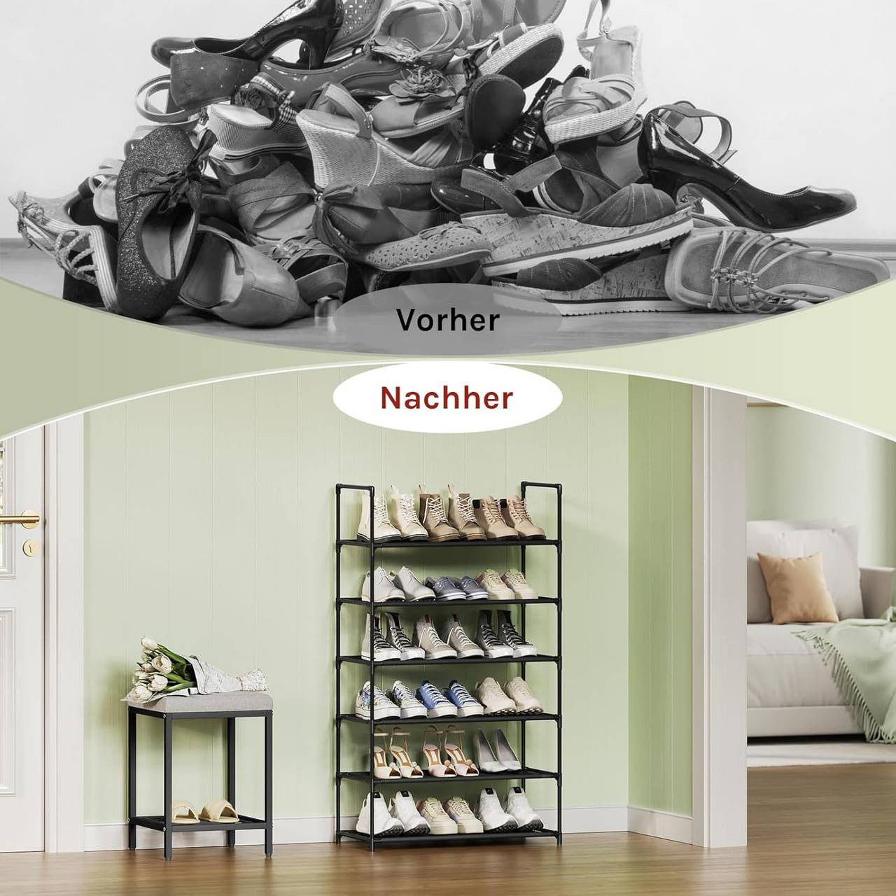 24goodz Shoe Rack with 6 Shelves - Space-Saving Design - Sturdy Metal Frame - Black - 61x28x106 cm