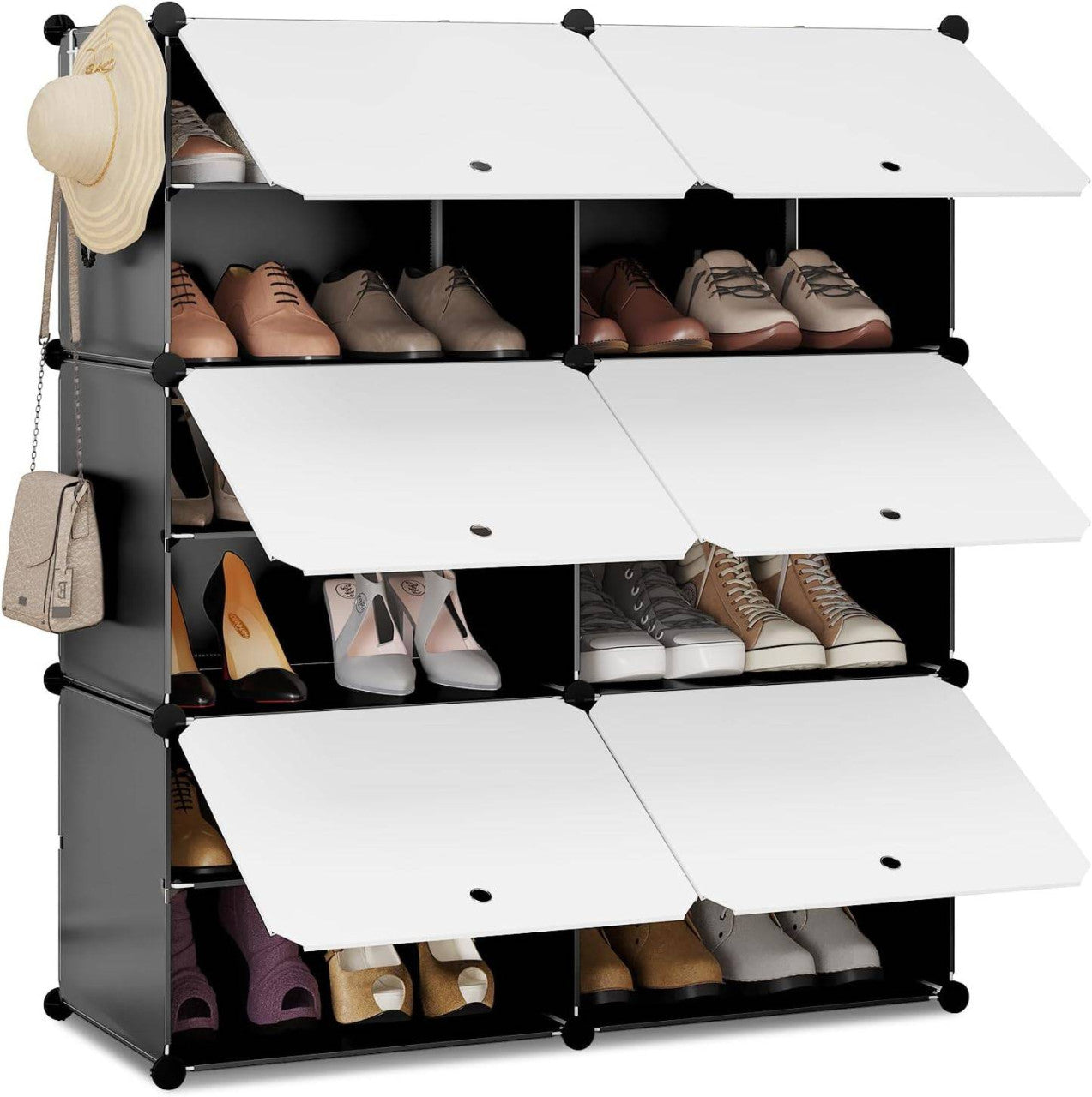 24goodz Shoe Rack with 6 Compartments - Spacious Storage for 24 Pairs - PP and Metal - Versatile Use - Black + White