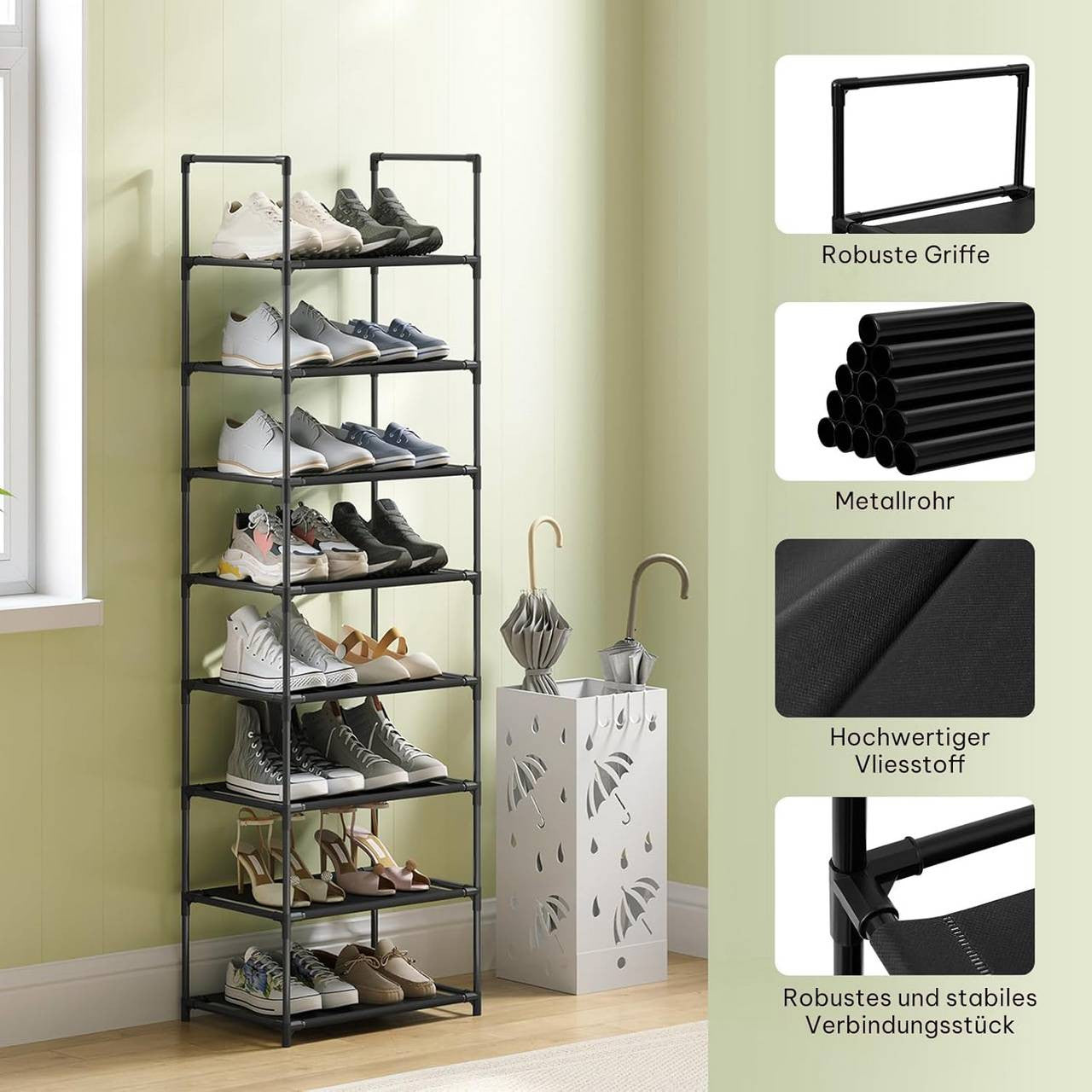 24goodz Shoe Rack with 8 Shelves - Space-Saving Design - Sturdy Metal Frame - Black - 41x28x140 cm