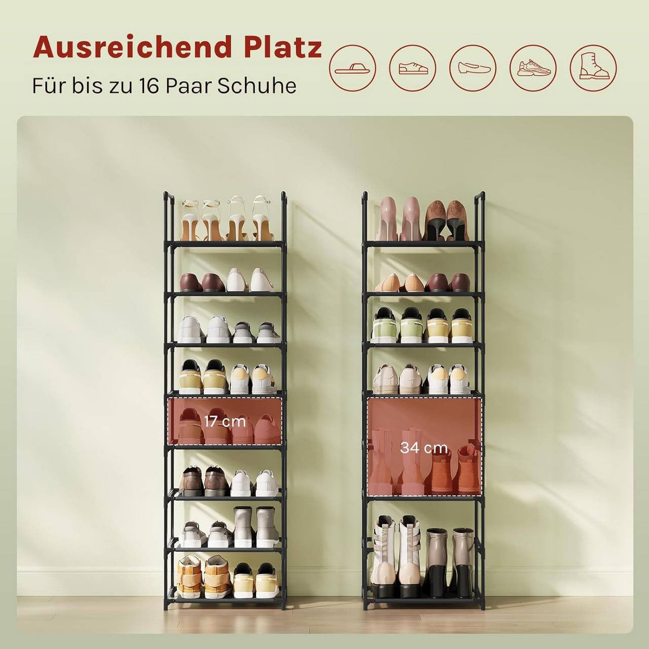 24goodz Shoe Rack with 8 Shelves - Space-Saving Design - Sturdy Metal Frame - Black - 41x28x140 cm