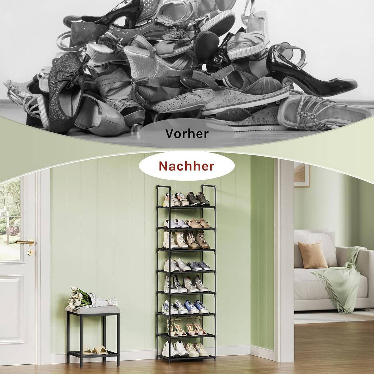 24goodz Shoe Rack with 8 Shelves - Space-Saving Design - Sturdy Metal Frame - Black - 41x28x140 cm