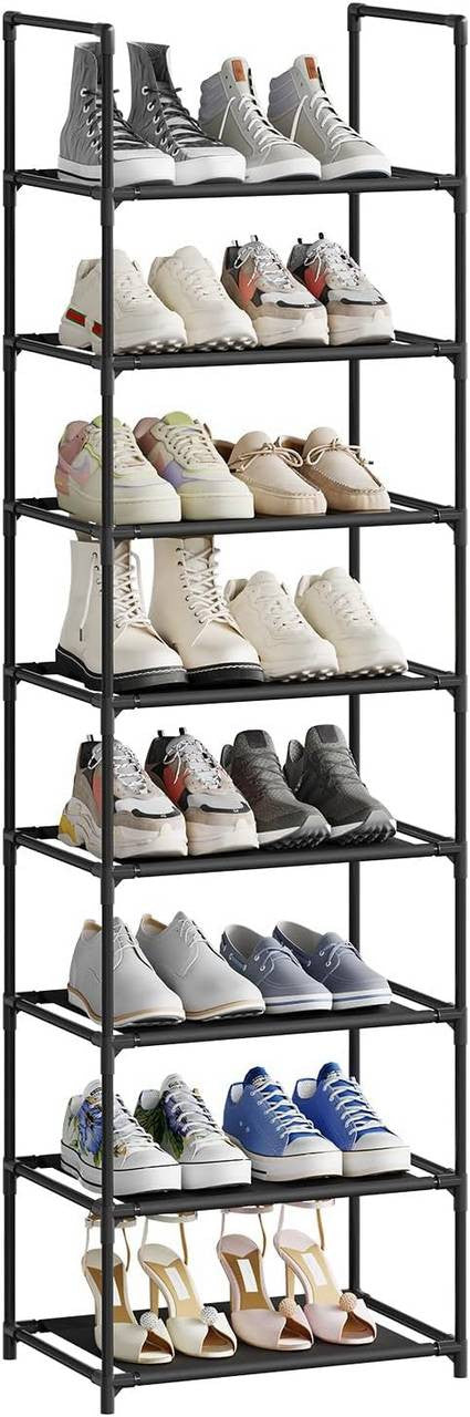 24goodz Shoe Rack with 8 Shelves - Space-Saving Design - Sturdy Metal Frame - Black - 41x28x140 cm