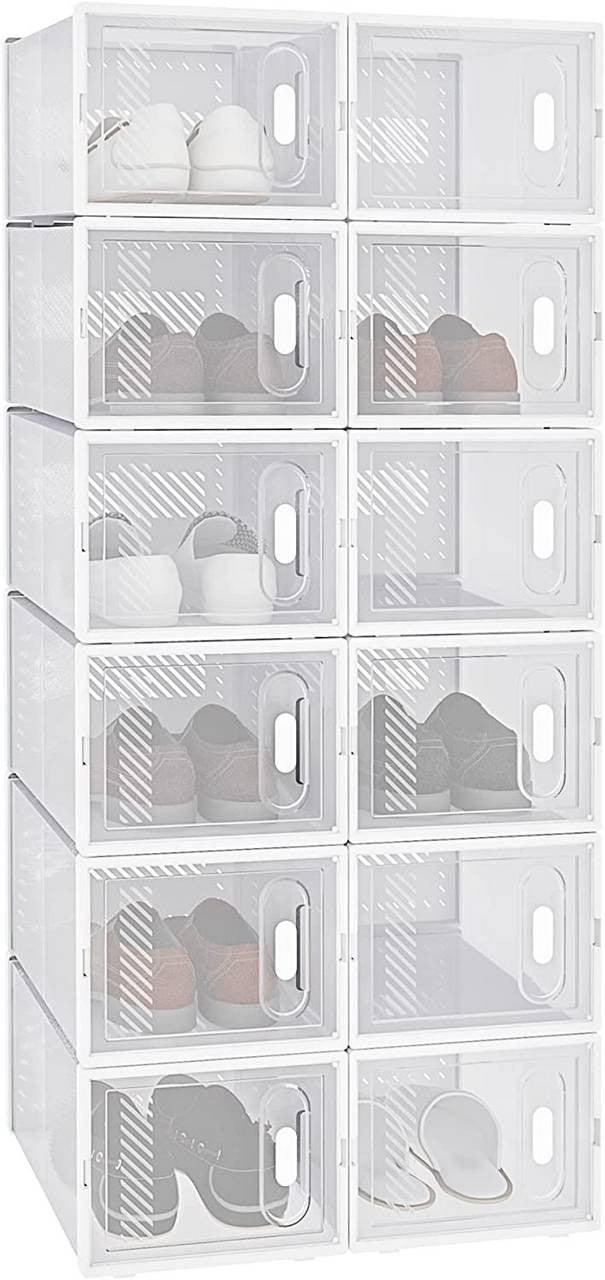 24goodz 12-Pack Transparent Shoe Boxes - Space-Saving Design - Durable Plastic - For Shoe Organization - Transparent + White - tp
