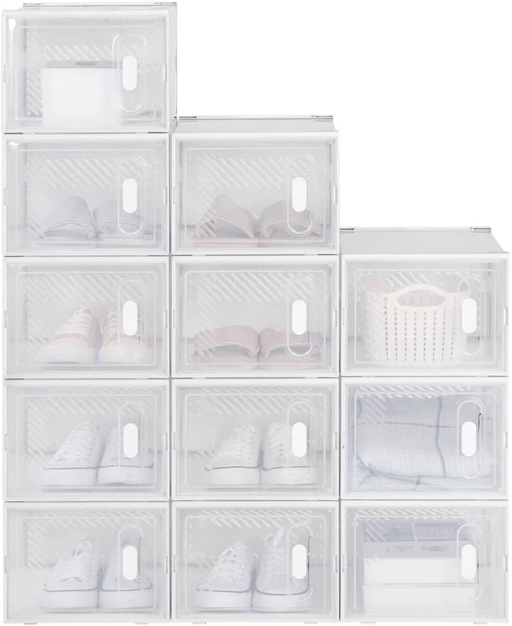 24goodz 12-Pack Transparent Shoe Boxes - Space-Saving Design - Durable Plastic - For Shoe Organization - Transparent + White - tp