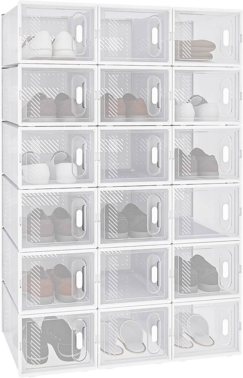 24goodz 18-Piece Shoe Storage Box Set - Space-Saving Design - Durable Plastic - For Organizing Shoes and More - Transparent + White - tp