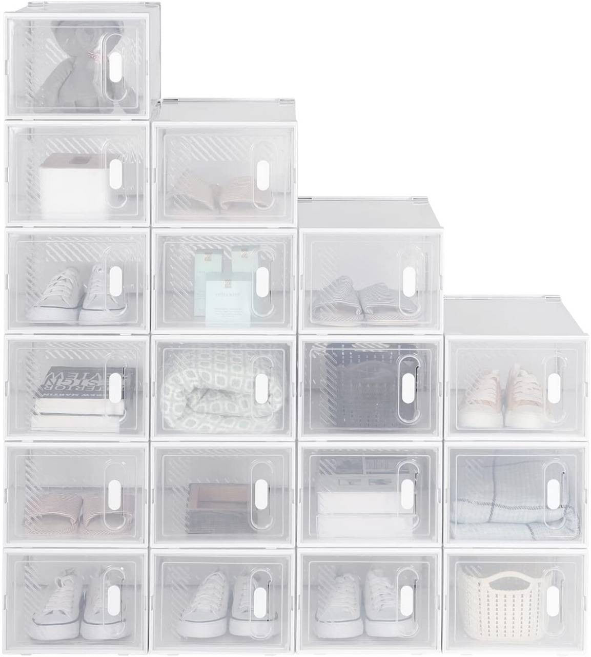 24goodz 18-Piece Shoe Storage Box Set - Space-Saving Design - Durable Plastic - For Organizing Shoes and More - Transparent + White - tp