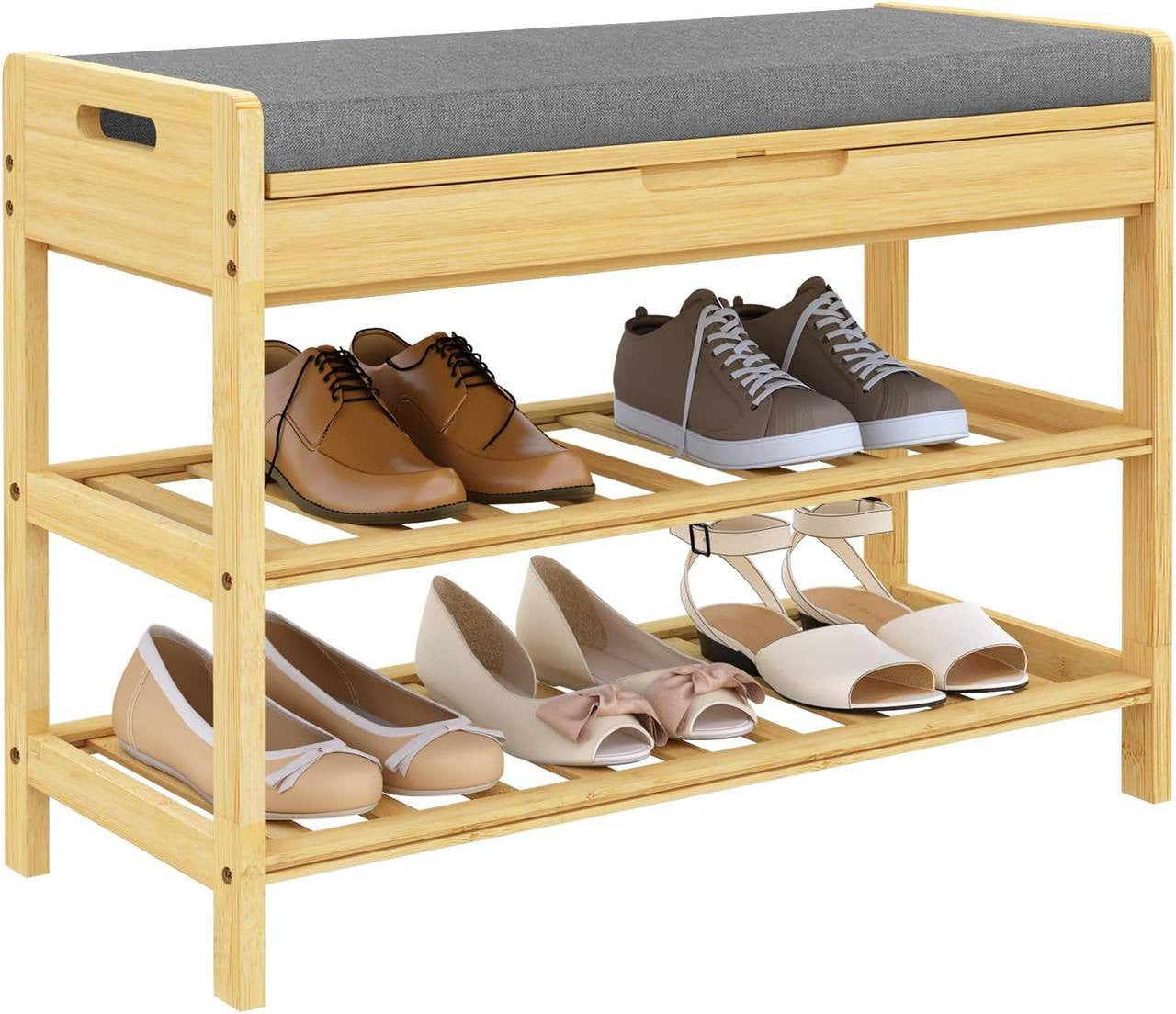 24goodz Bamboo Shoe Bench - Space-Saving Design - High-Quality Materials - Bamboo + Foam - For Entryways and Living Rooms - Bamboo Colour + Grey