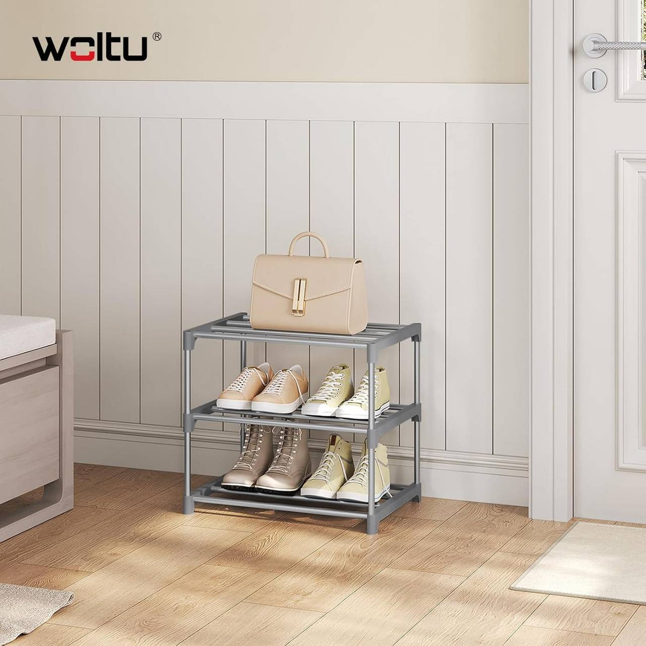 24goodz Slim Shoe Rack - Space-Saving Design - Easy Assembly - Metal - Grey/Black - 42x37x30 cm