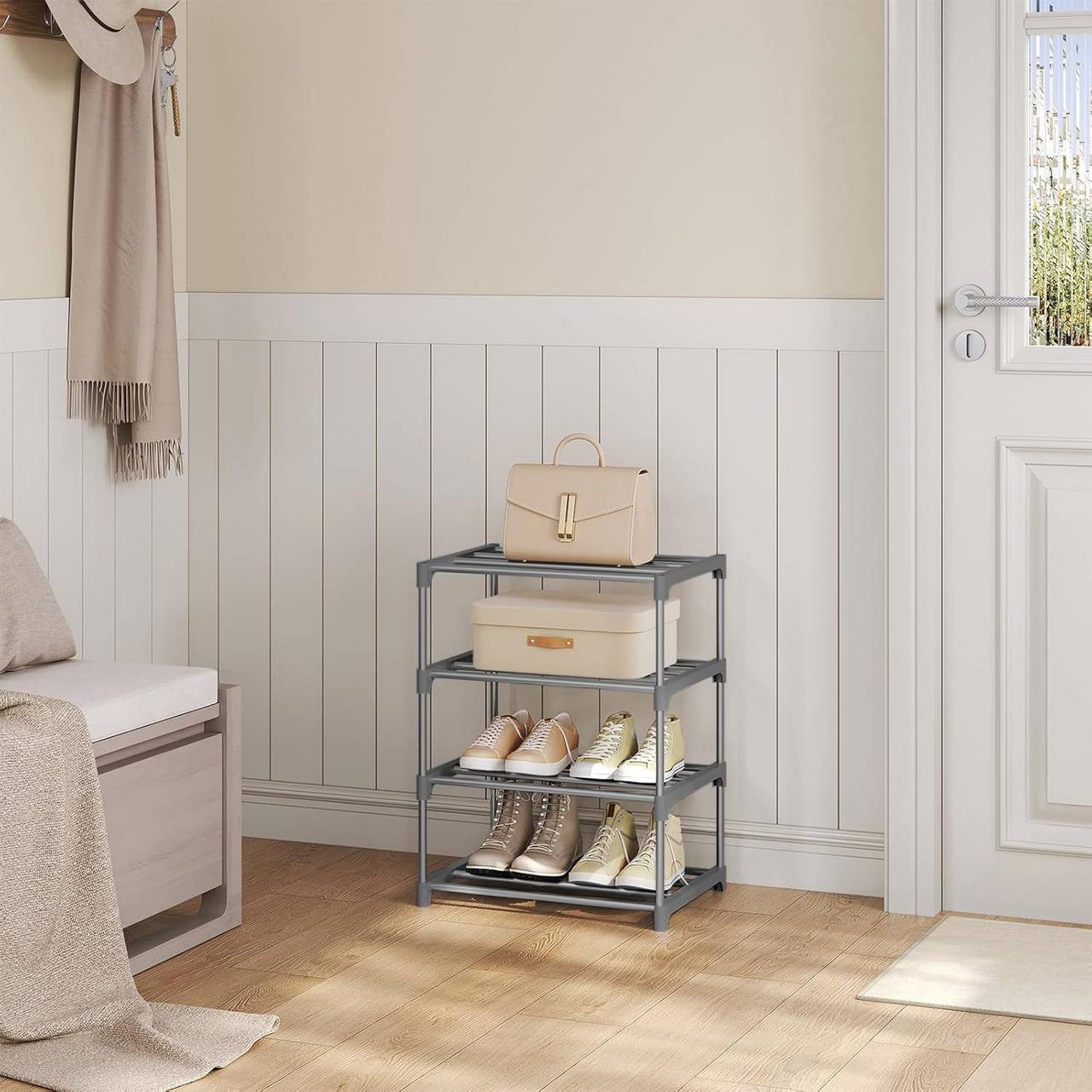 24goodz Slim Shoe Rack - Space-Saving Design - Sturdy and Stable - Metal - For 8 Pairs of Shoes - Grey/Black - 42x54x30 cm