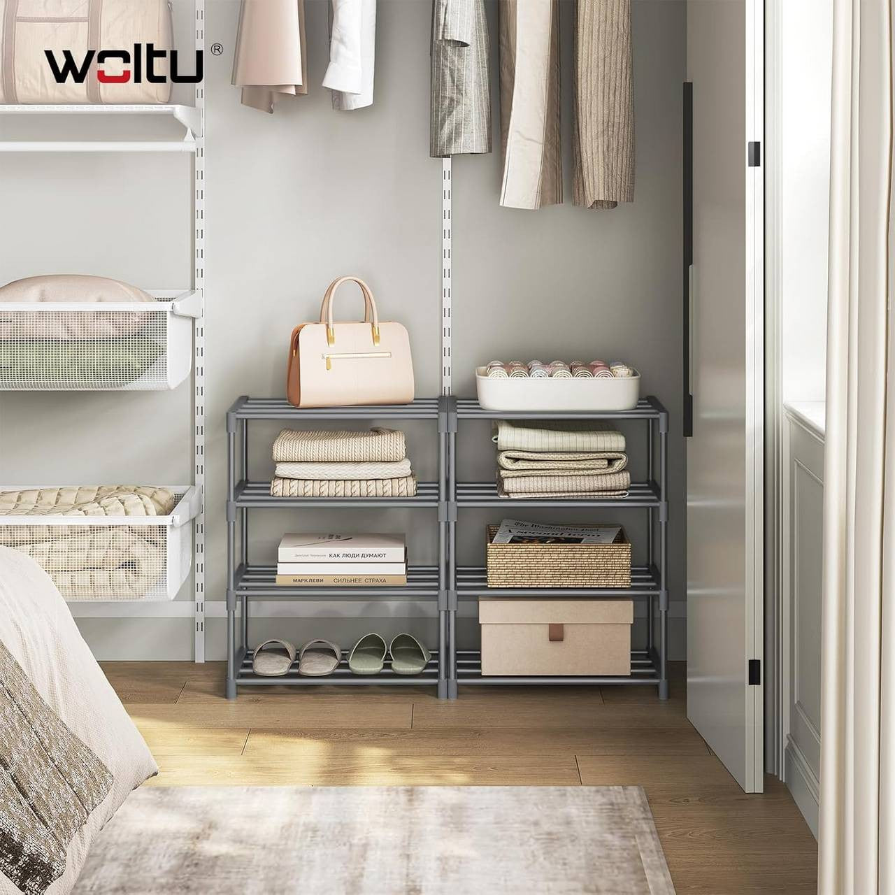 24goodz Slim Shoe Rack - Space-Saving Design - Sturdy and Stable - Metal - For 8 Pairs of Shoes - Grey/Black - 42x54x30 cm