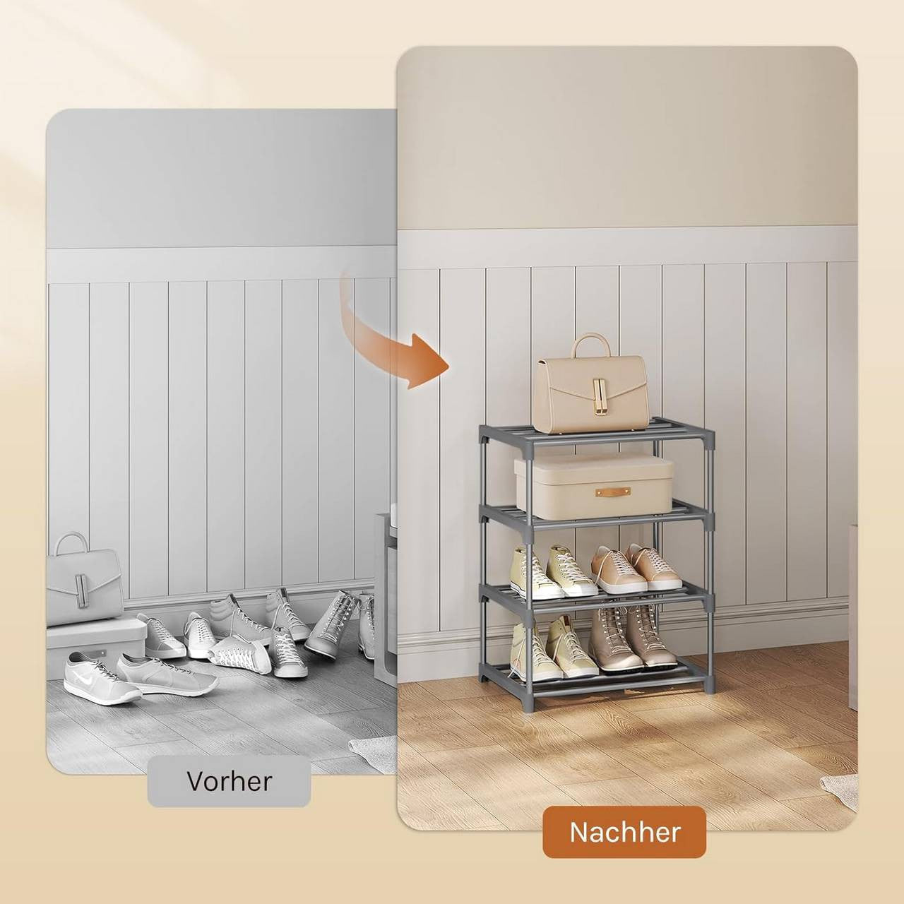 24goodz Slim Shoe Rack - Space-Saving Design - Sturdy and Stable - Metal - For 8 Pairs of Shoes - Grey/Black - 42x54x30 cm