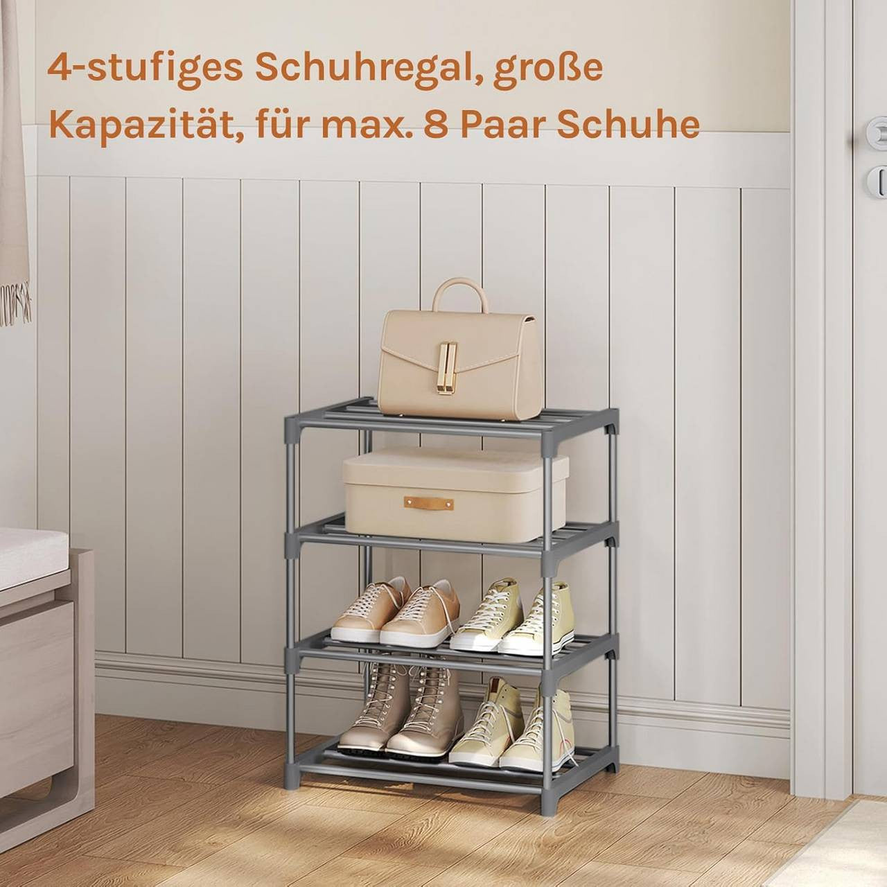 24goodz Slim Shoe Rack - Space-Saving Design - Sturdy and Stable - Metal - For 8 Pairs of Shoes - Grey/Black - 42x54x30 cm