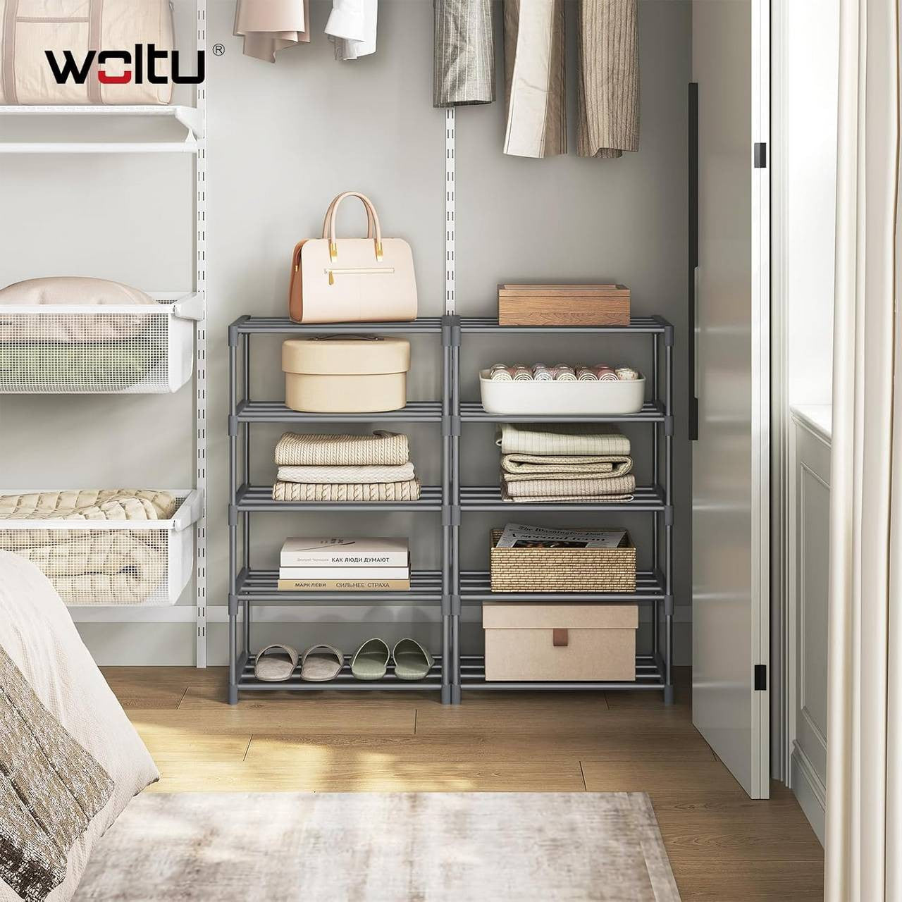 24goodz Slim Shoe Rack - Space-Saving Design - Sturdy and Stable - Metal - For Home Organization - Grey/Black