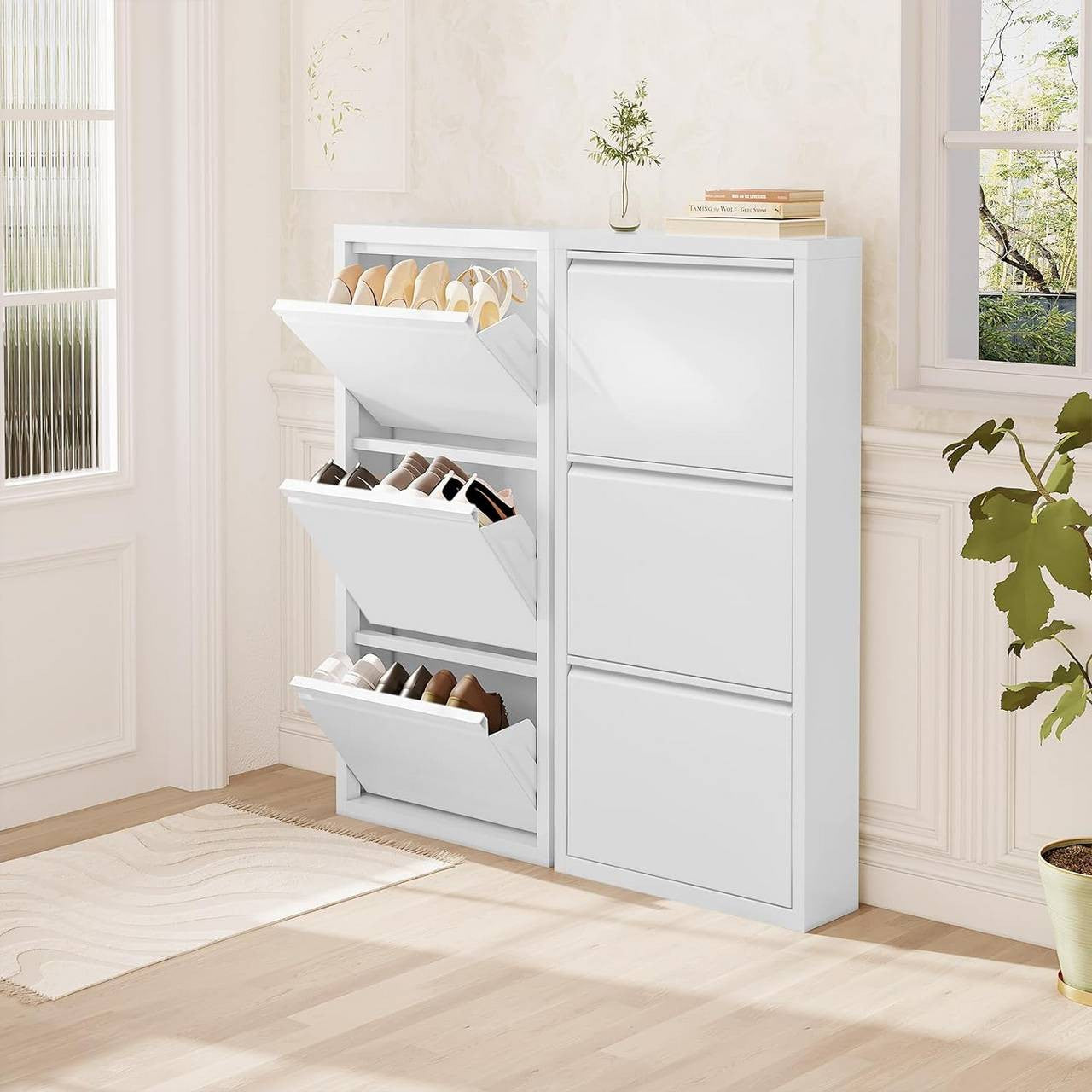 24goodz Shoe Cabinet with 3 Compartments - Compact Design - Durable Metal - White - 50 x 106 x 15 cm