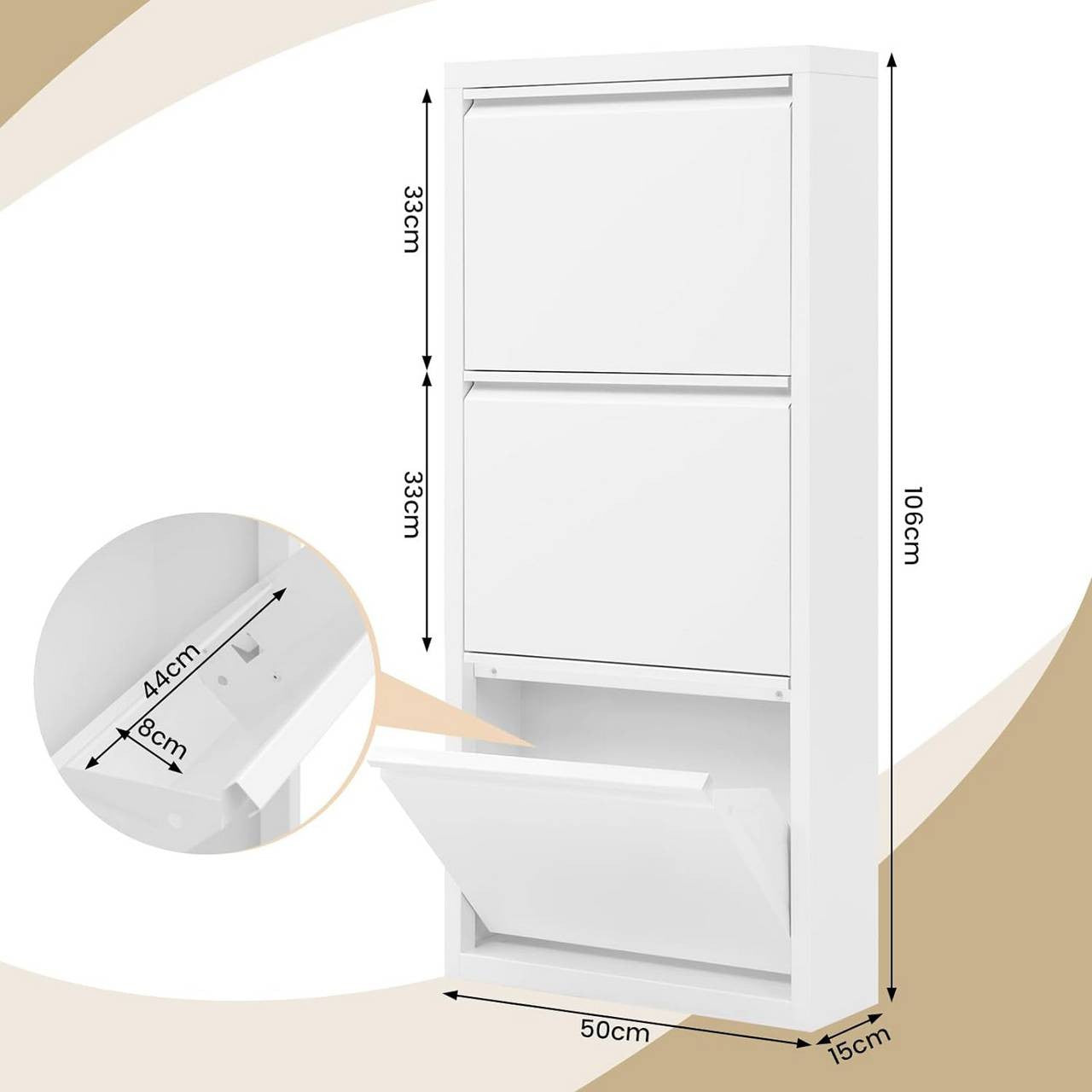 24goodz Shoe Cabinet with 3 Compartments - Compact Design - Durable Metal - White - 50 x 106 x 15 cm