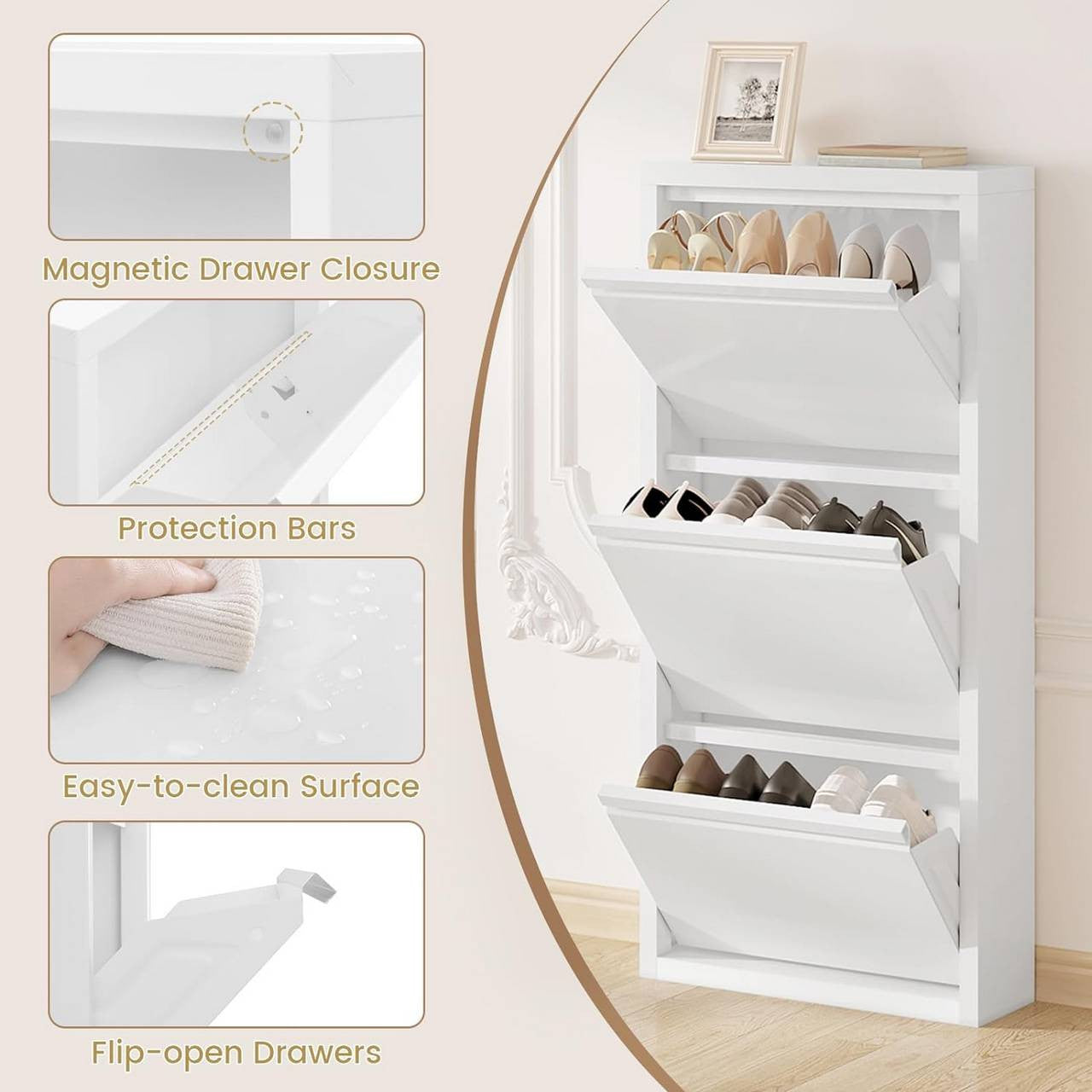 24goodz Shoe Cabinet with 3 Compartments - Compact Design - Durable Metal - White - 50 x 106 x 15 cm