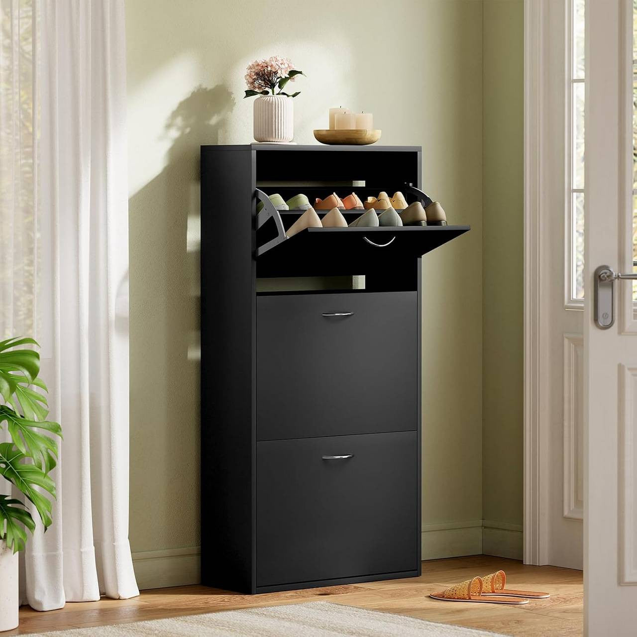 24goodz Shoe Cabinet with 3 Folding Drawers - Spacious Capacity for 14-18 Pairs - E1-Class Chipboard - For Home Organization - Black - 58 x 23 x 118 cm
