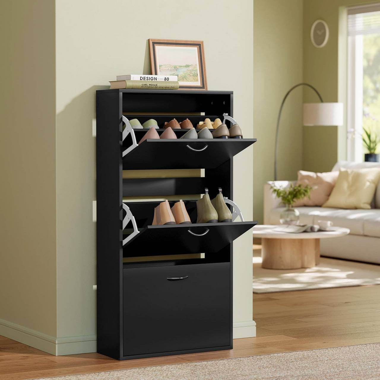 24goodz Shoe Cabinet with 3 Folding Drawers - Spacious Capacity for 14-18 Pairs - E1-Class Chipboard - For Home Organization - Black - 58 x 23 x 118 cm