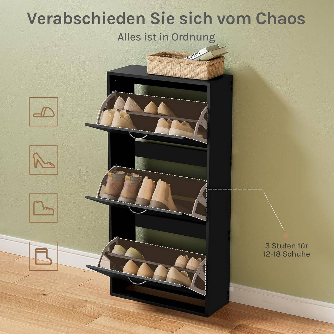 24goodz Shoe Cabinet with 3 Folding Drawers - Spacious Capacity for 14-18 Pairs - E1-Class Chipboard - For Home Organization - Black - 58 x 23 x 118 cm