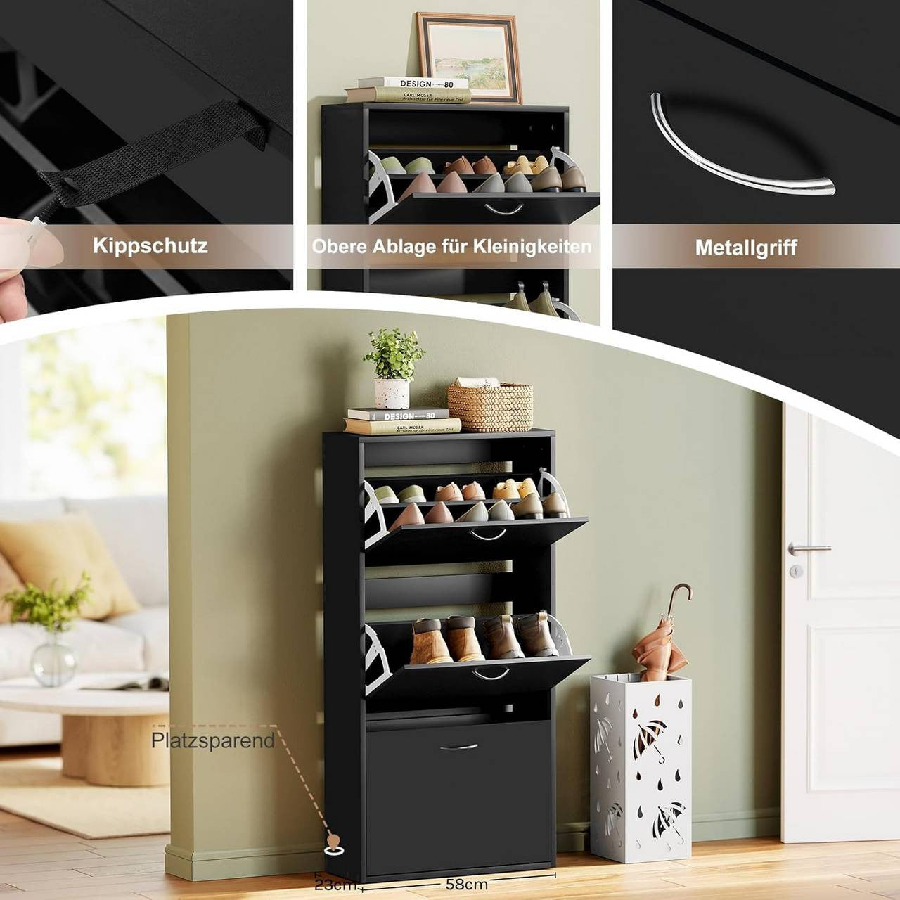 24goodz Shoe Cabinet with 3 Folding Drawers - Spacious Capacity for 14-18 Pairs - E1-Class Chipboard - For Home Organization - Black - 58 x 23 x 118 cm